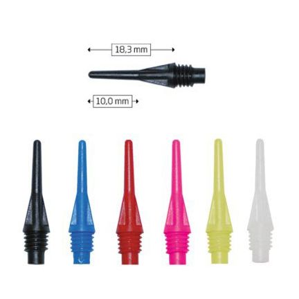 Starpoints_80054feef83915af Das Bild zeigt verschiedene farbige Dartspitzen namens "Starpoints (100er Pack) - Spitzen". Eine Spitze ist mit den Maßen 18,3 mm Länge und 10,0 mm Breite dargestellt.