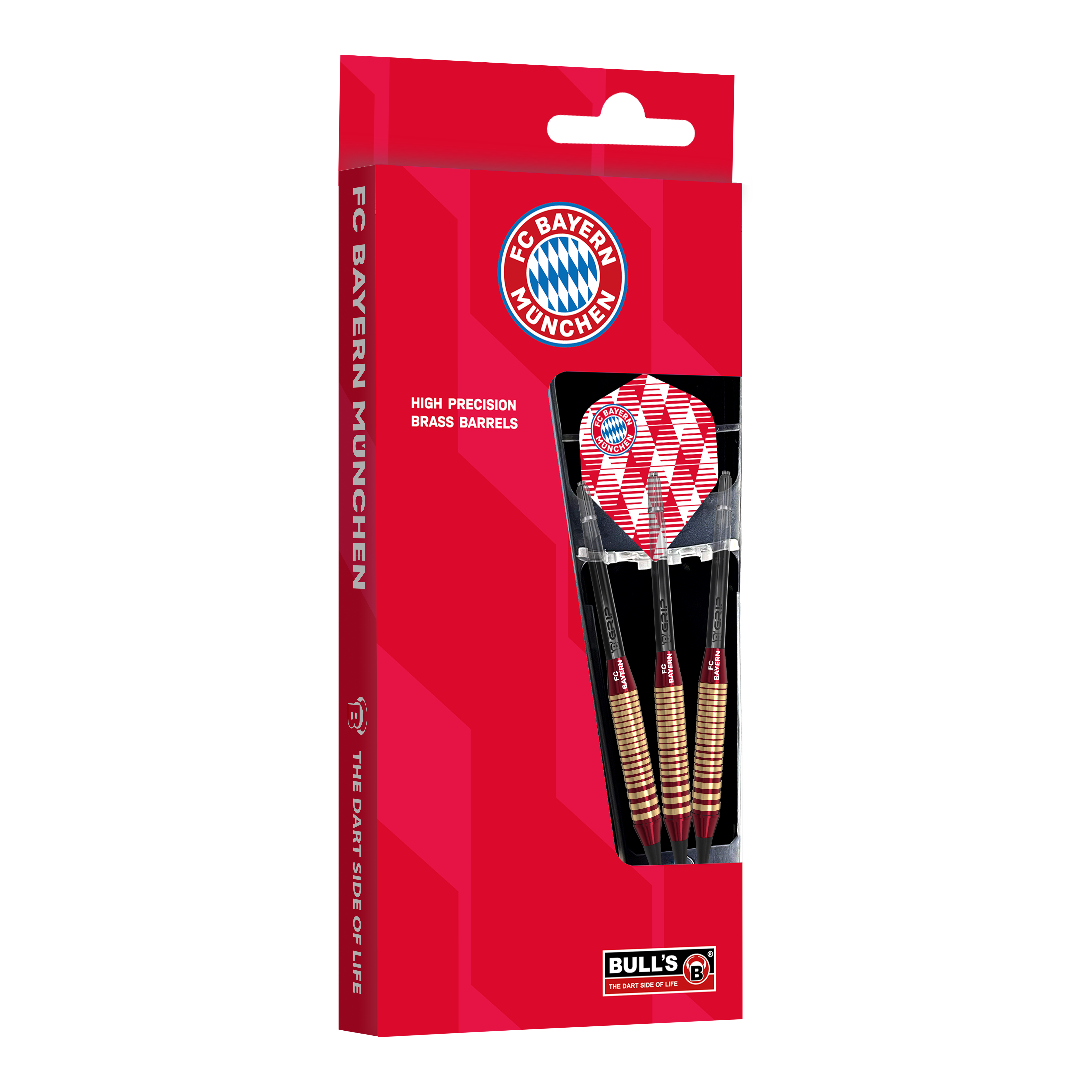 Abgebildet sind die Bulls FC Bayern München Brass Softdarts mit 18g Gewicht. Sie eignen sich für Softdart-Spiele und tragen das Vereinsdesign.