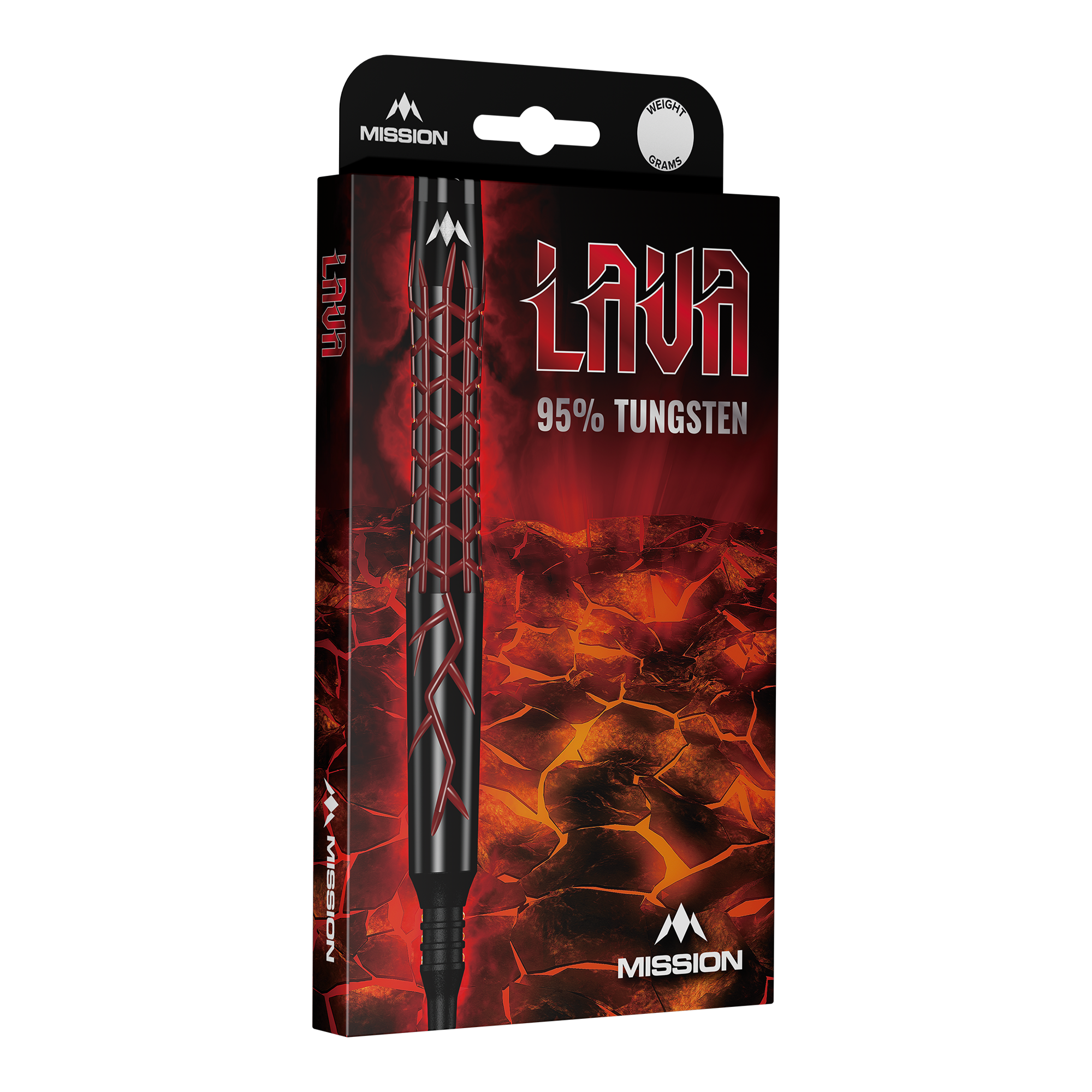 Mission Lava Softdarts - 20g Die Abbildung zeigt die Verpackung der "Mission Lava Softdarts - 20g". Auf der Verpackung steht "95% Tungsten" und sie ist mit einem Lava-Motiv gestaltet.