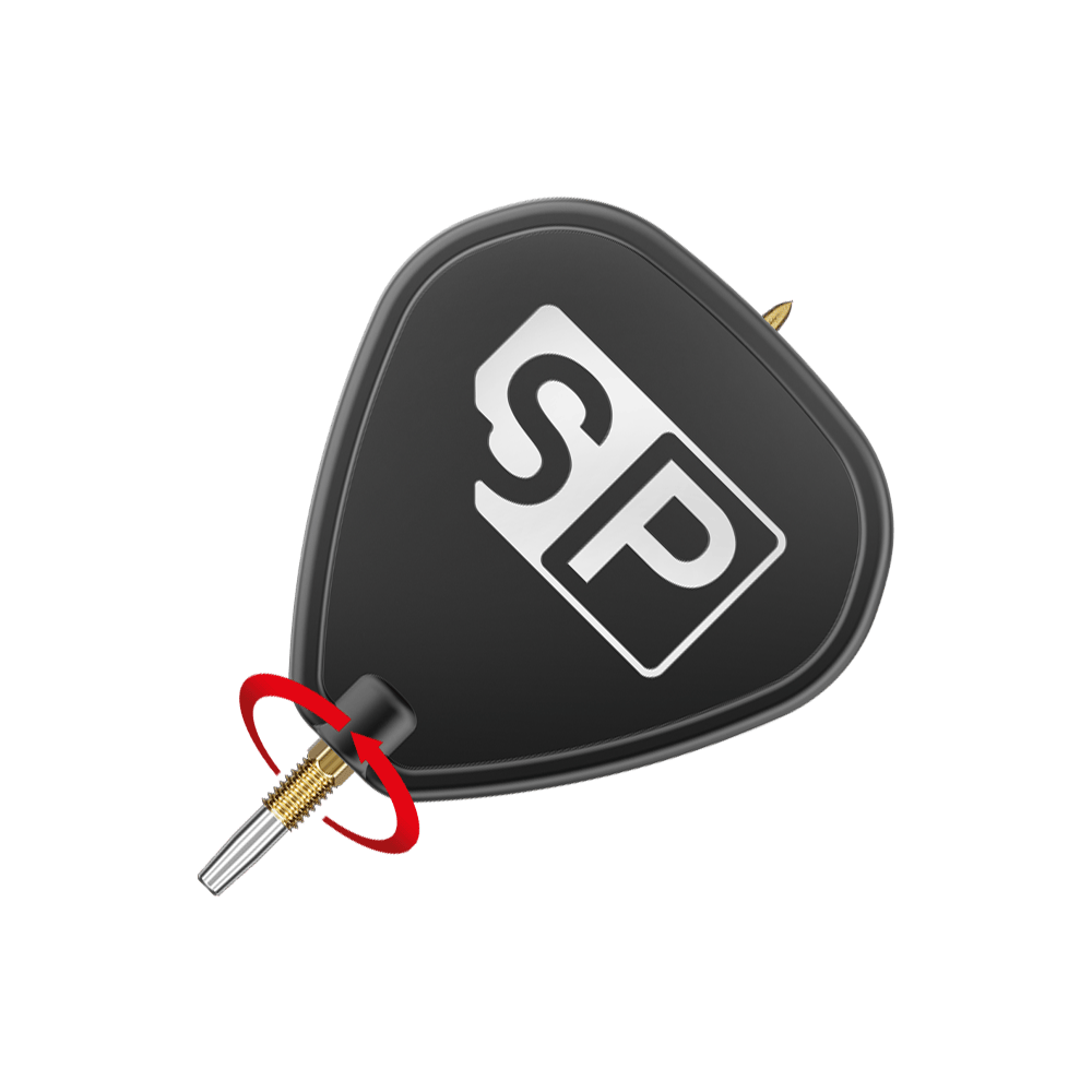 Target Swiss Point SLK dart tips - gold Das Bild zeigt die Target Swiss Point SLK Dartspitzen in Gold. Die Dartspitze ist an einem Dart befestigt und wird durch einen roten Pfeil hervorgehoben.