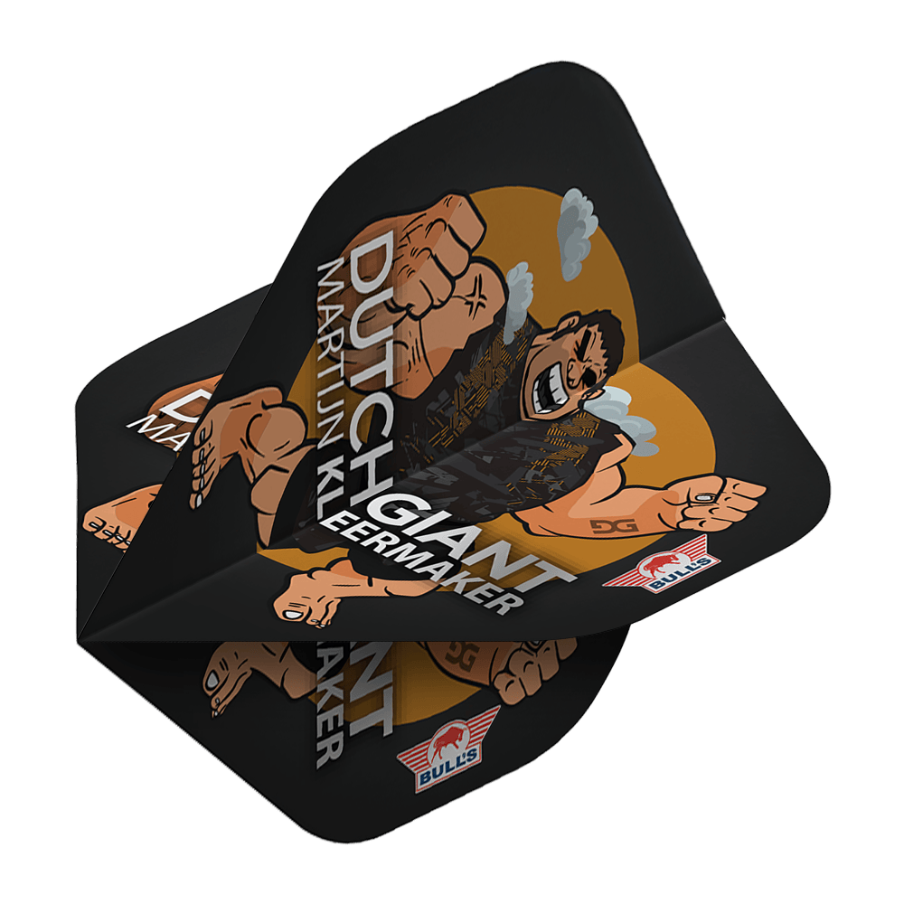 BU50922_Bulls_NL_Player_100_Martijn_Kleermaker_Cartoon_No2_Standard_Flights_2 Das Bild zeigt einen Dartflight mit einer Cartoon-Abbildung eines muskulösen Mannes und dem Text "Dutch Giant Martijn Kleermaker". Der Flight ist schwarz mit orangen und weißen Details sowie dem Bulls NL-Logo.