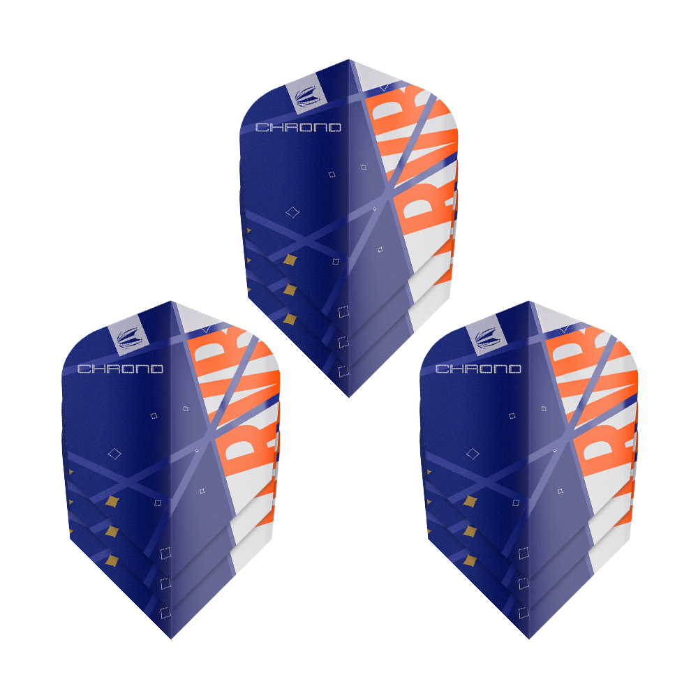 Target Pro Ultra Raymond Van Barneveld Chrono Ten-X Standard Flights - 3 sets Das Bild zeigt drei Sätze Target Pro Ultra Raymond Van Barneveld Chrono Ten-X Standard Flights. Die Flights sind überwiegend blau mit weißen und orangefarbenen Akzenten gestaltet.