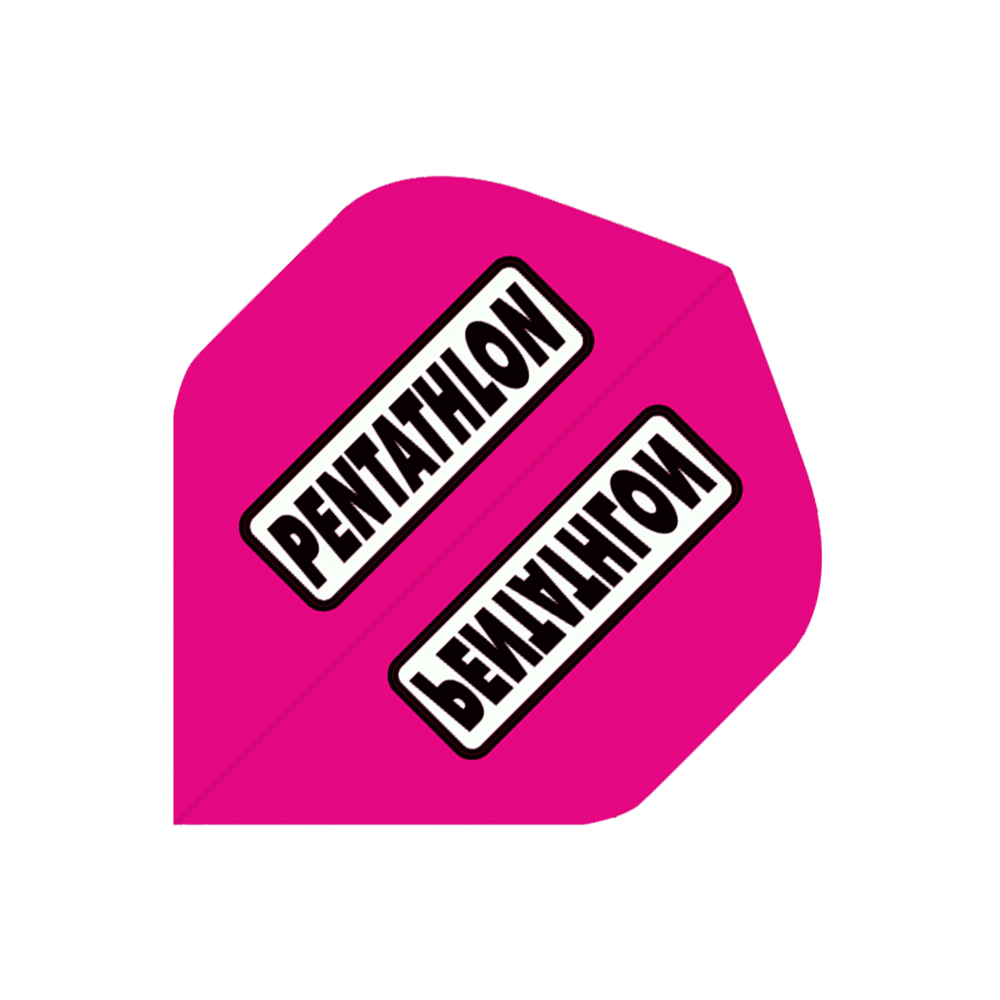 P83-Pentathlon-Flights-P83 Das Bild zeigt einen pinken Dartflug mit der Aufschrift "Pentathlon". Es handelt sich um das Produkt "Pentathlon Flights P83".