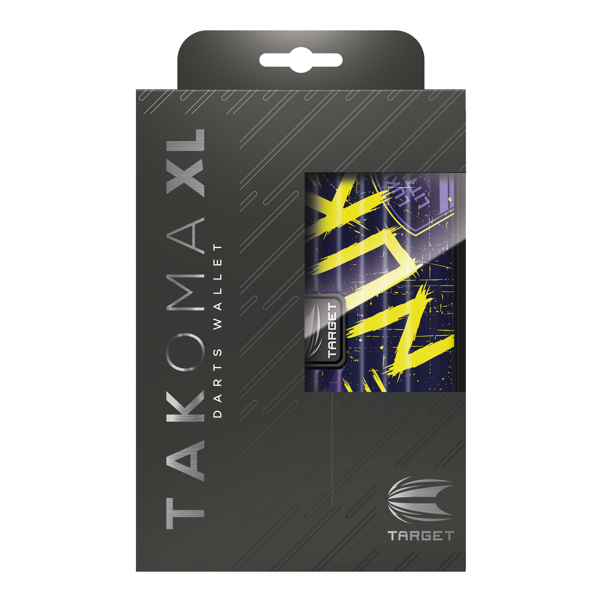 Target Takoma Luke Littler XL dart case Das Bild zeigt die Verpackung des Target Takoma XL Dartcases, das speziell für Luke Littler designt wurde. Die Verpackung ist überwiegend schwarz mit gelben und violetten Akzenten auf dem Dartcase selbst.