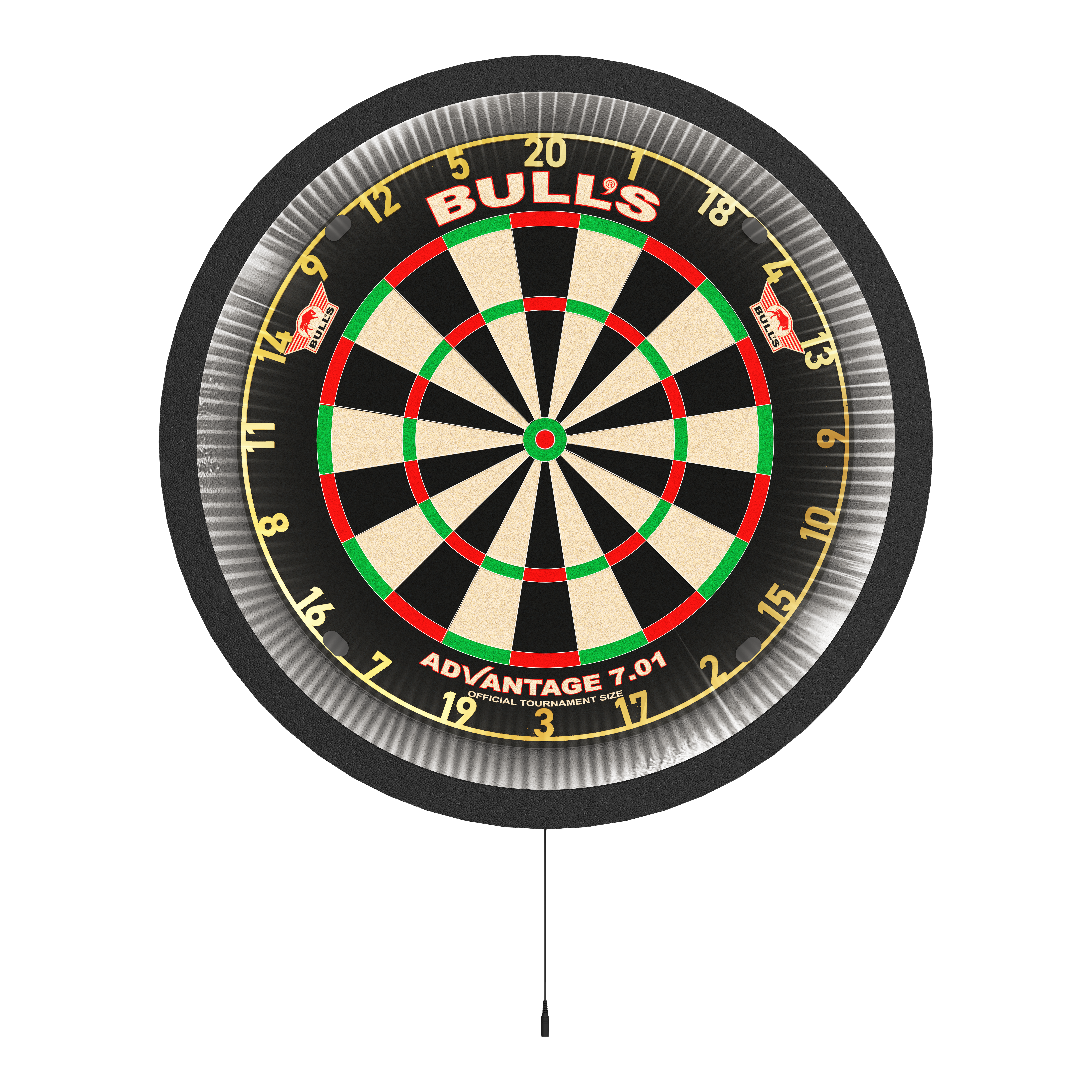 Bulls NL Lumo 2 Light Surround Lighting System Das Bild zeigt das Produkt "Bulls NL Lumo 2 Light Surround Beleuchtungssystem" an einem Dartboard. Der runde LED-Lichtring um den Dartboard sorgt für eine gleichmäßige Ausleuchtung beim Spielen.