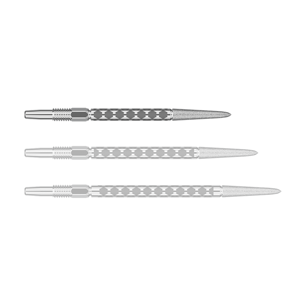 Target Swiss FLT Point Dart Tips - Silver Eine kurze silberfarbene Dartspitze ist einzeln im Bild. Sie liegt waagerecht.