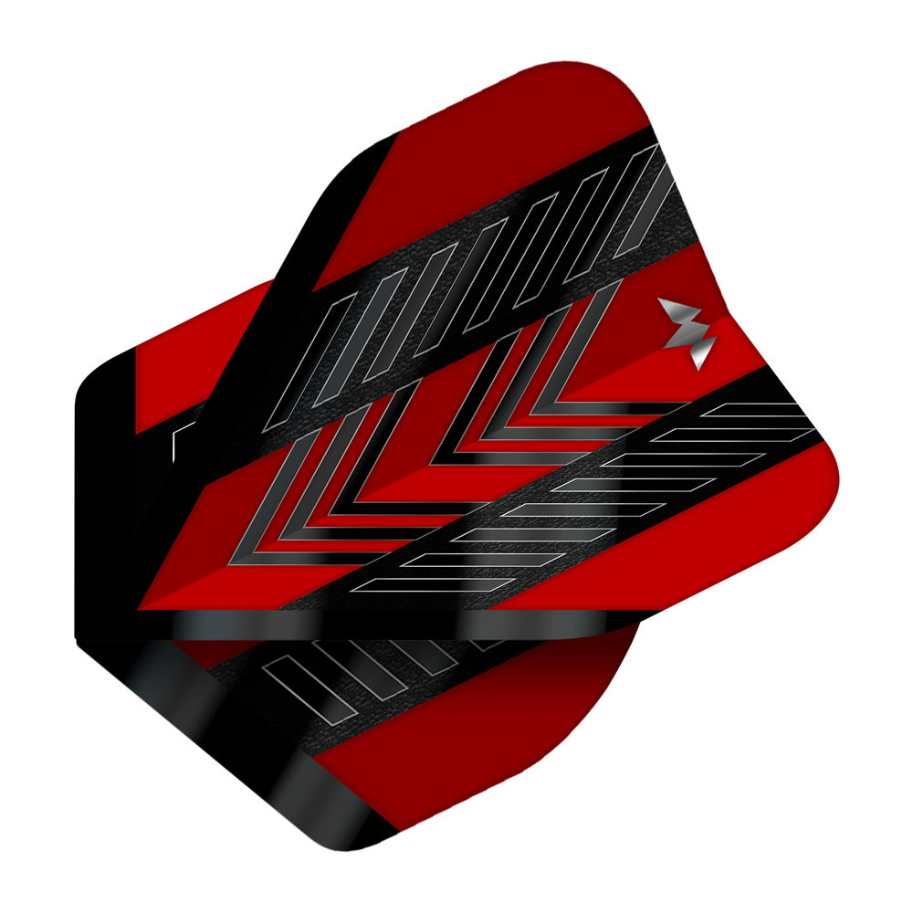 Mission Solo Rogue No2 Standard Flights Das Bild zeigt das Produkt "Mission Solo Rogue No2 Standard Flights". Die Flights sind rot mit schwarzen und silbernen Mustern.