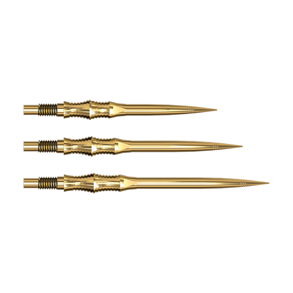Harrows Quick Point Apex Spire Elite Series Dartspitzen - Gold Ein einzelner goldfarbener Dartspitze liegt auf neutralem Hintergrund. Die Spitze ist lang und schlank.