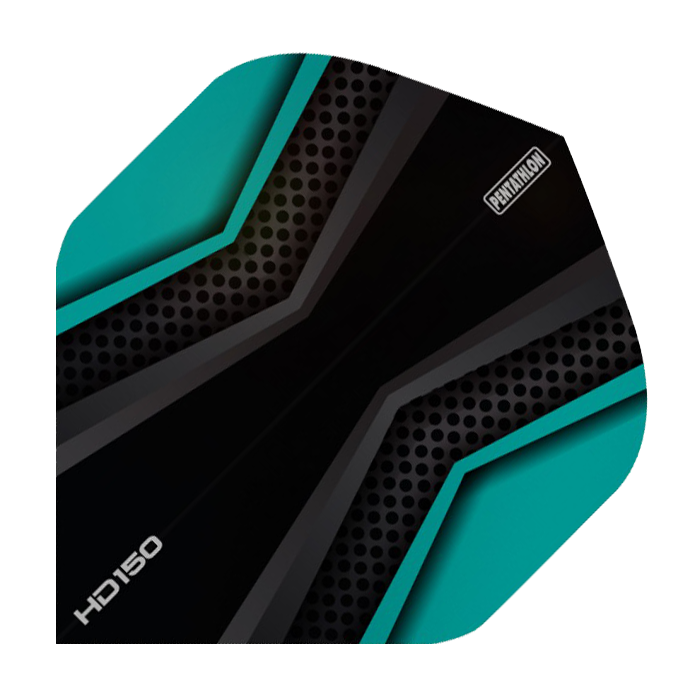 HD2027-Pentathlon-HD150-Black-Aqua Das Bild zeigt einen HD 150 Pentathlon Flights in Schwarz und Aqua. Das Design ist modern mit schwarzen, grauen und aqua-farbenen Elementen und geometrischem Muster.