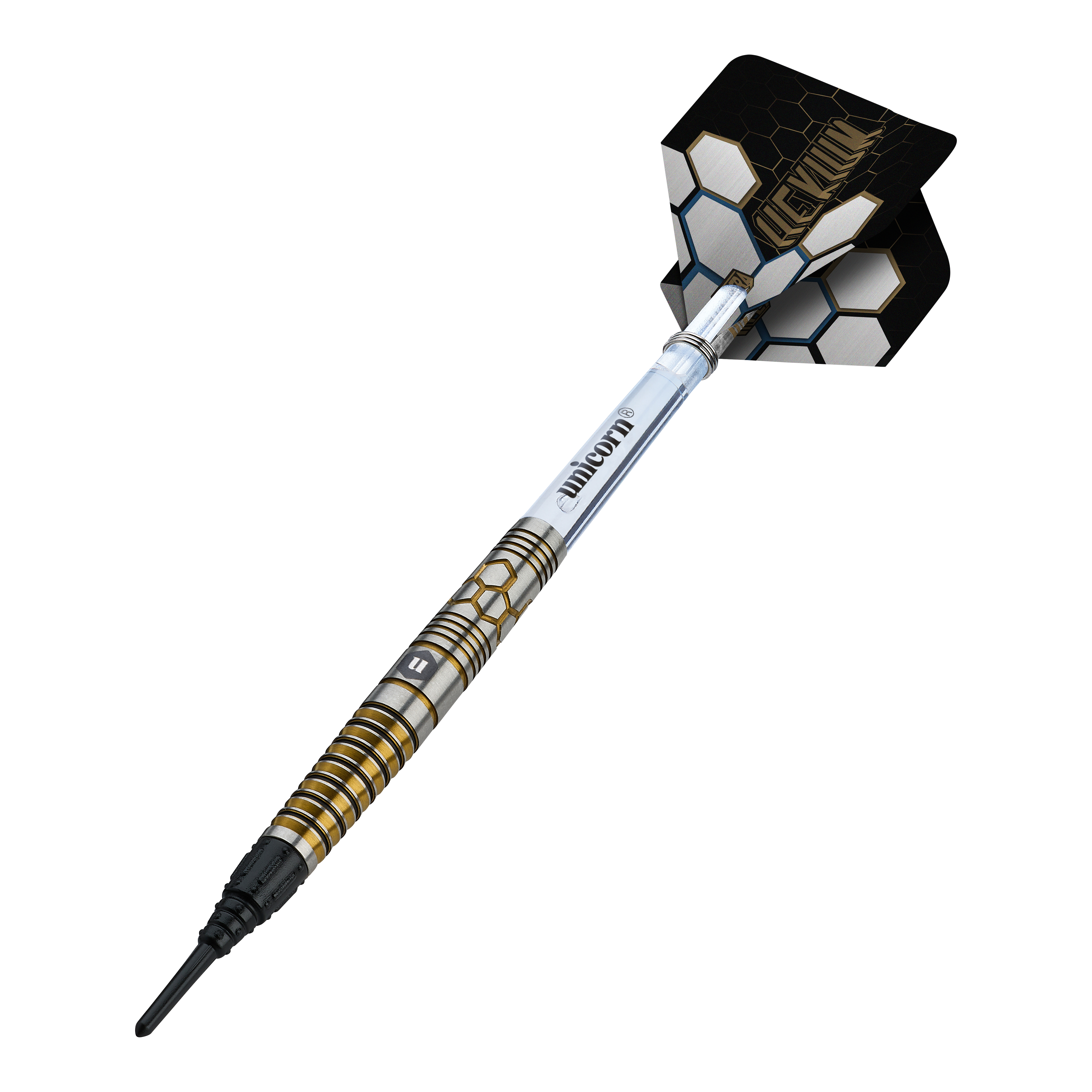 Unicorn Hexium Style 02 Blue & Gold Soft Darts - 21g Abgebildet ist das Produkt Unicorn Hexium Style 02 Blue & Gold Softdarts - 21g. Die Farben Blau und Gold dominieren das Design der Softdarts.