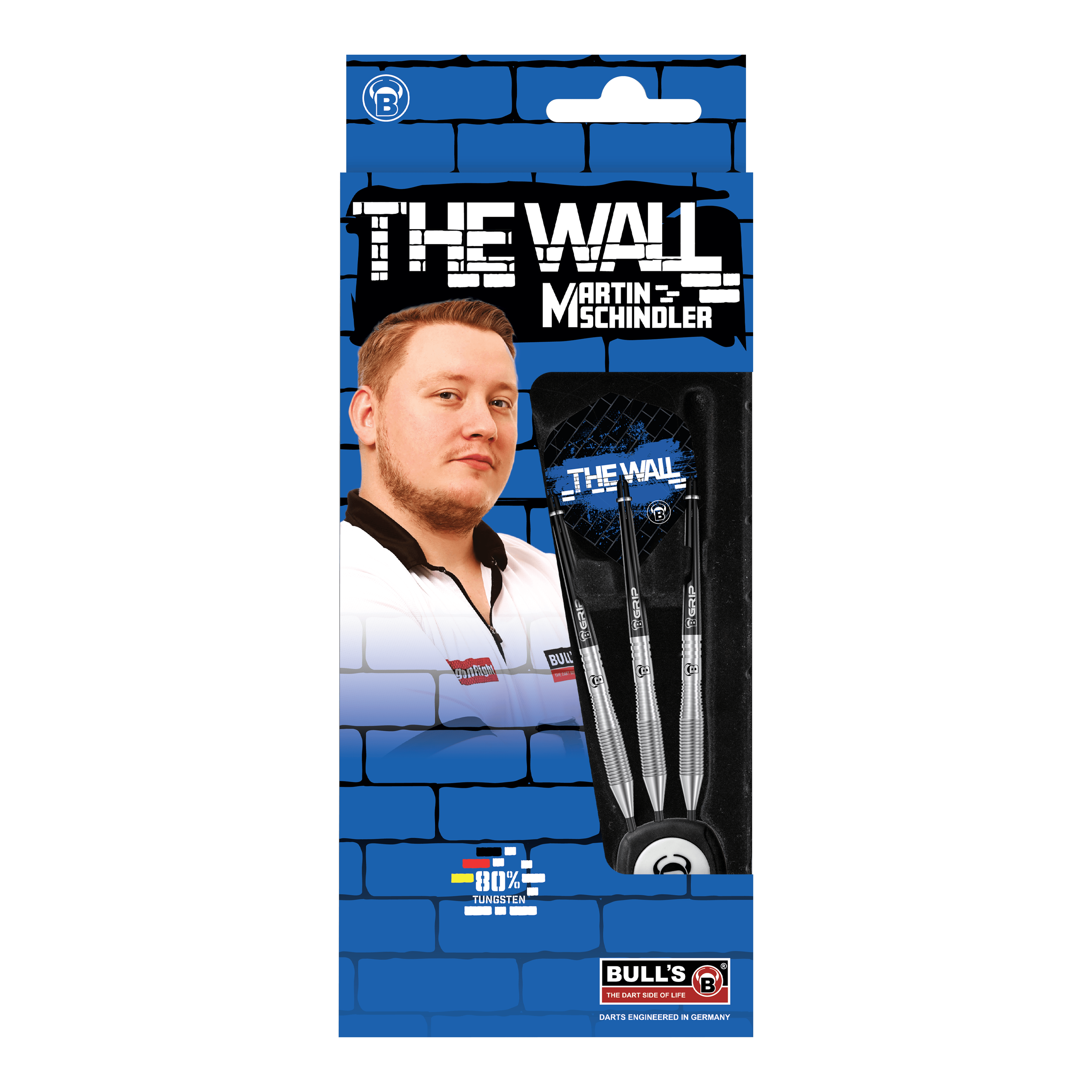 Bulls Martin Schindler TW80 steel darts Die Verpackung zeigt die "Bulls Martin Schindler TW80 Steeldarts" mit einem Bild von Martin Schindler. Im Inneren sind drei silberne Steeldarts zu sehen.