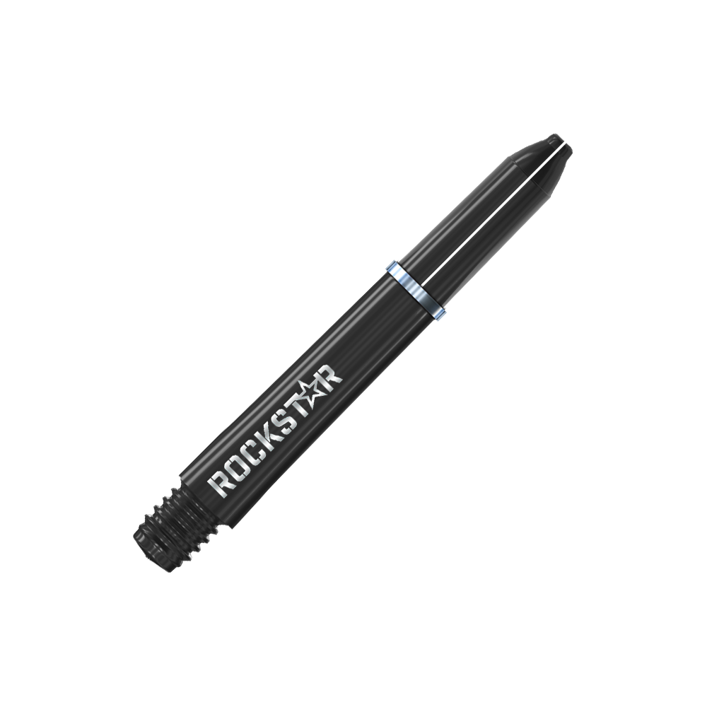 Winmau Joe Cullen Rockstar Nylon Shafts Black Auf dem Bild ist ein schwarzer Dart-Schaft mit der Aufschrift "ROCKSTAR" zu sehen. Der Schaft hat einen silbernen Ring in der Mitte.