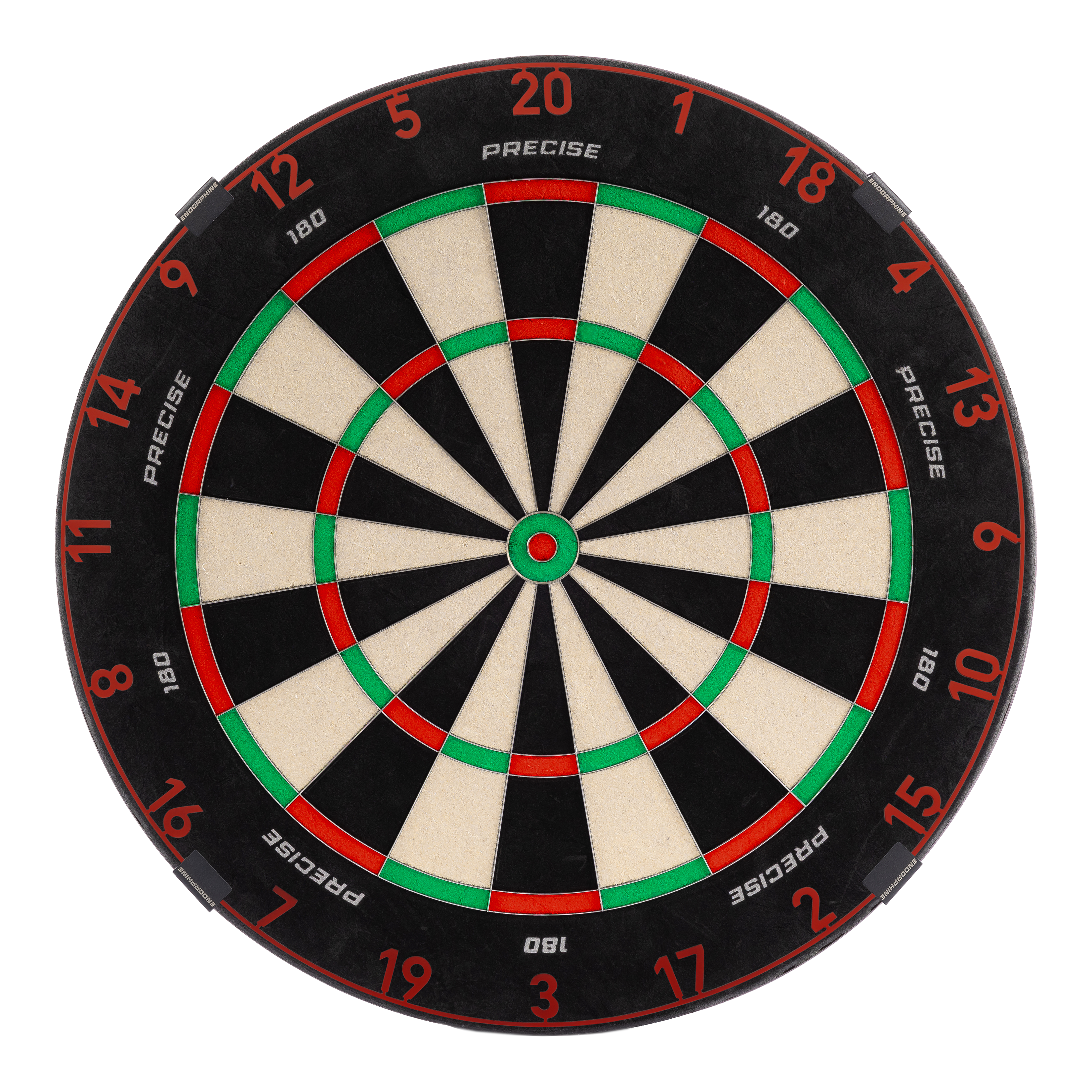 Das Bild zeigt das Precise 180 Endorphine Steeldartboard mit Nummernring in Faded Red. Es handelt sich um eine hochwertige Dartscheibe mit rotem Farbverlauf.