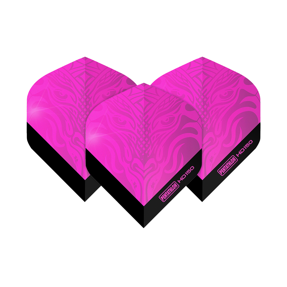Pentathlon HD150 Metallic Pink Standard Flights Das Bild zeigt drei Pentathlon HD150 Metallic Pink Standard Flights. Die Flights sind leuchtend pink mit einem schwarzen unteren Rand und einem dekorativen Muster.