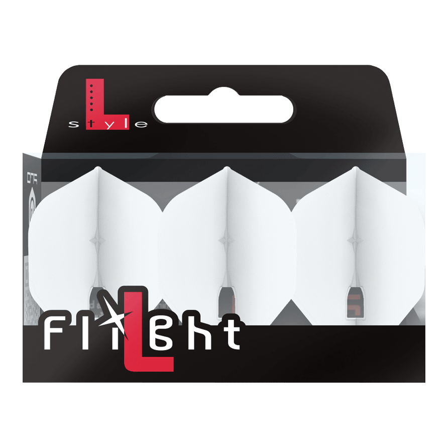 L-Style Champagne L1PRO Flights Auf dem Bild ist eine Packung mit drei weißen Dart-Flights zu sehen. Die Verpackung trägt die Aufschrift „L-style Flight“ und ist hauptsächlich schwarz und weiß gestaltet.