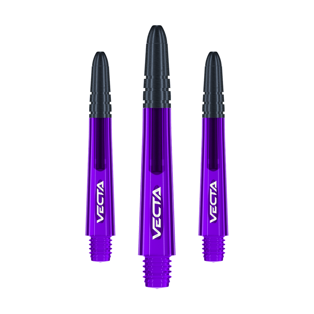 Winmau Vecta Shafts - Purple Black Das Bild zeigt drei violett-schwarze Dartschäfte mit der Aufschrift "VECTA". Sie sind gleich lang und nebeneinander angeordnet.
