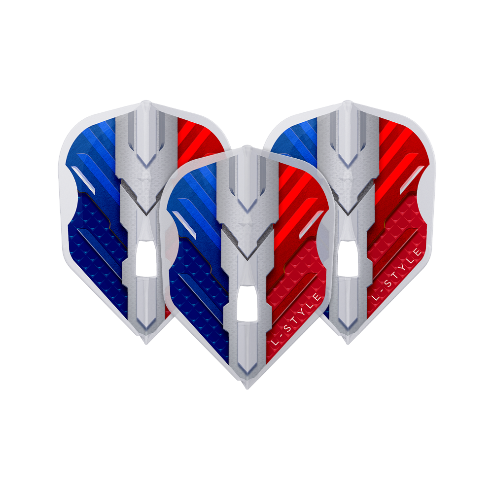 L-Style V-Series V1 Type B France Clear White L3PRO Flights Das Bild zeigt drei Dart-Flights mit einem modernen Design in den Farben Blau, Weiß und Rot. Auf den Flights steht der Schriftzug "L-Style".