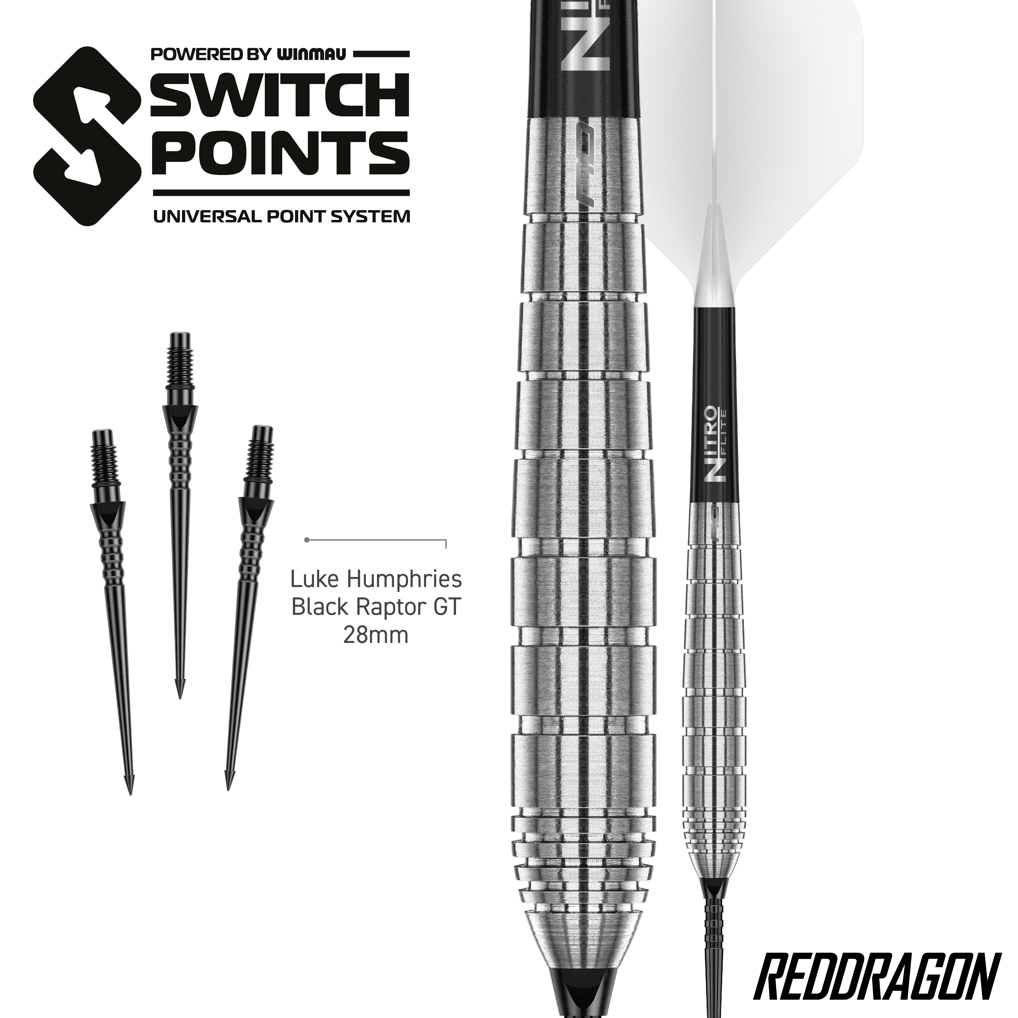 Das Bild zeigt die Red Dragon Luke Humphries TX1 Pioneer Switch Point Steeldarts. Diese Steeldarts sind hochwertig verarbeitet.