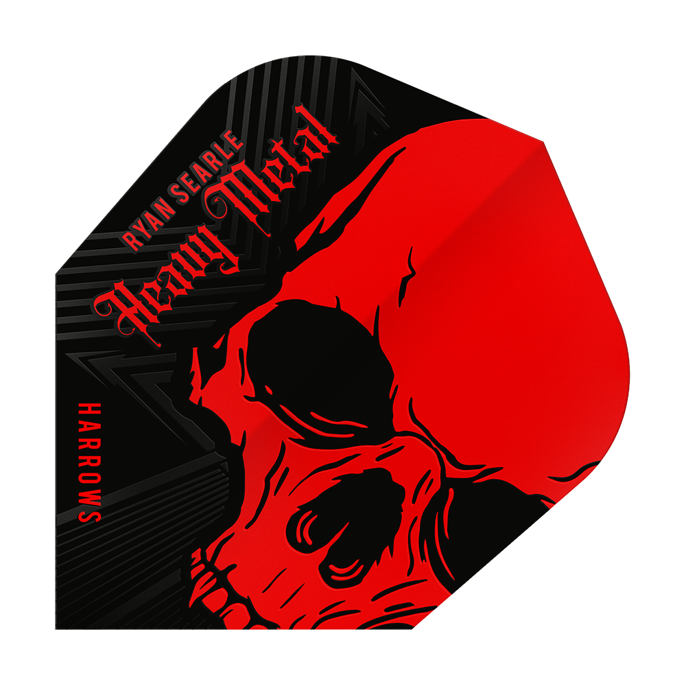 Harrow's Ryan Searle Heavy Metal No6 Flights Das Bild zeigt ein Dart-Flight mit einem auffälligen roten Totenkopf-Design. Oben steht der Name "Ryan Searle Heavy Metal" und an der Seite ist "Harrows" zu lesen.