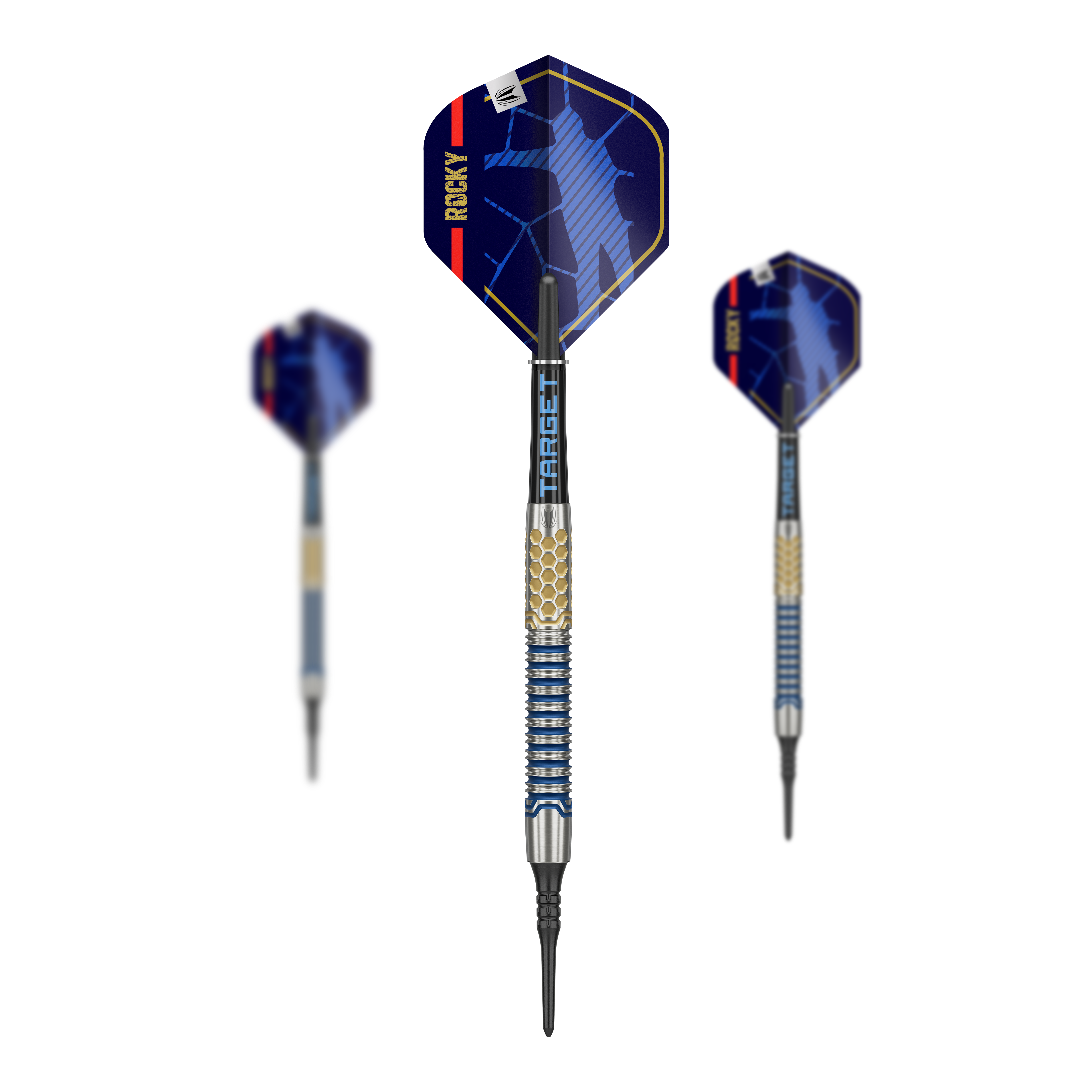 Target Josh Rock GEN1 Soft Darts - 20g Das Bild zeigt drei Softdarts des Modells "Target Josh Rock GEN1" mit einem Gewicht von 20g. Die Darts haben blaue Flights mit dem Schriftzug "ROCKY" und ein metallisch gemustertes Barrel.