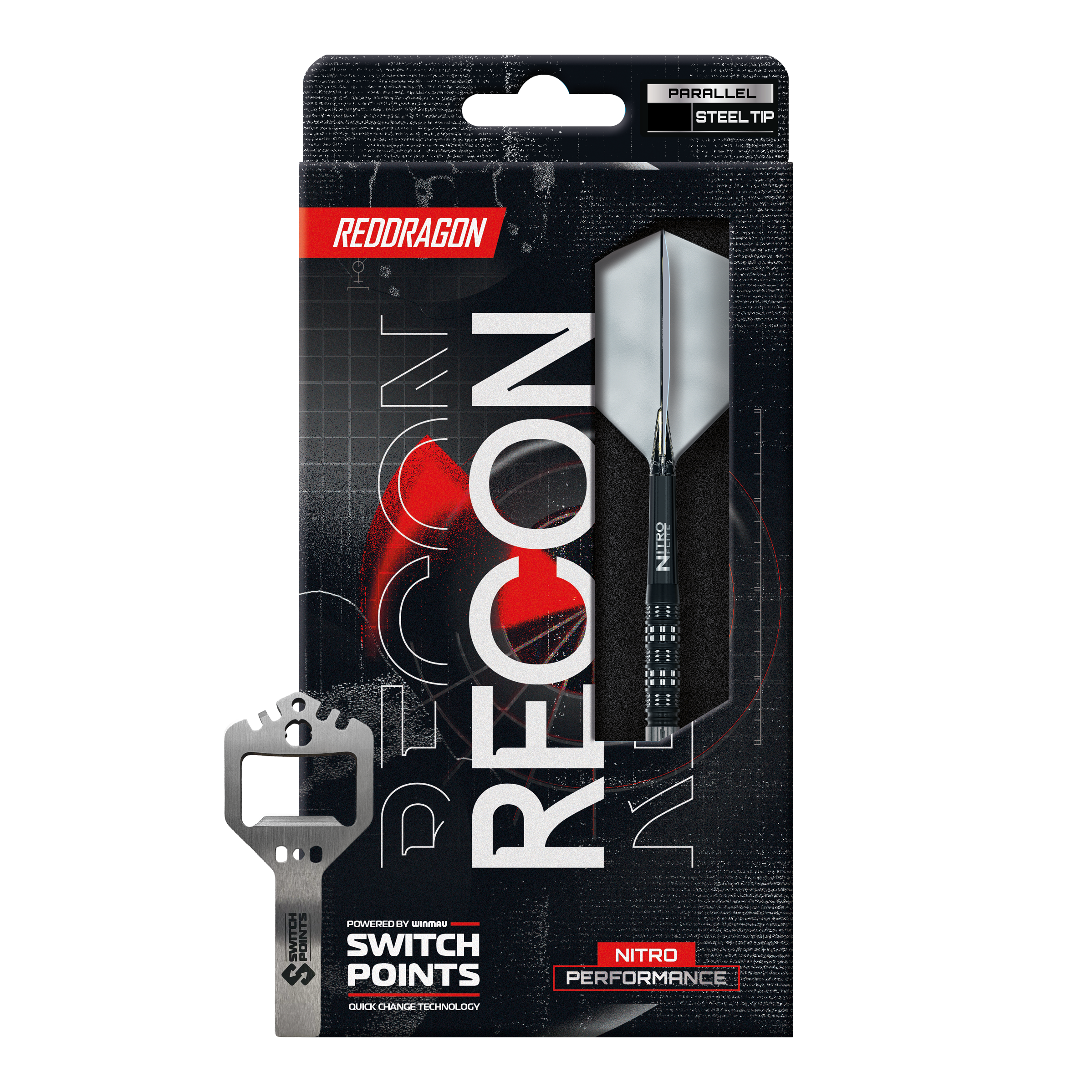 Abgebildet sind die Red Dragon Recon Parallel Steeldarts. Das Bild zeigt das Design und die Form der Steeldarts.
