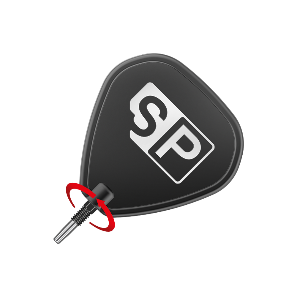 Target Swiss Diamond Pro Black Points dart tips Das Bild zeigt eine schwarze Dartspitze mit dem weißen Aufdruck "SP". Ein roter Pfeil deutet auf eine Drehbewegung hin, vermutlich zum Anbringen oder Entfernen der Spitze.