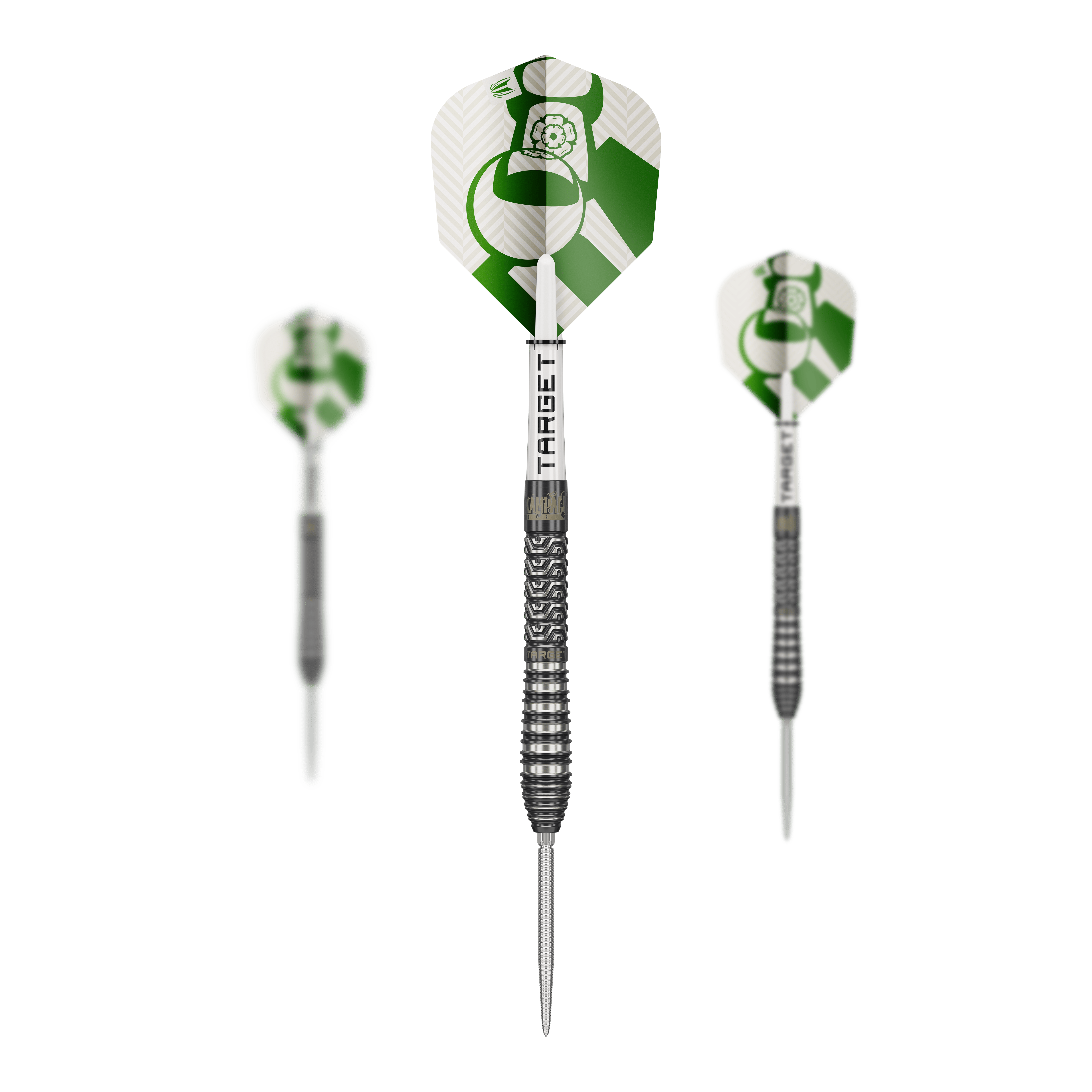 Abgebildet ist das Produkt Target Charlie Manby Swiss Points Steeldarts. Das Bild zeigt ein Set Steeldarts mit spezieller Spitze.