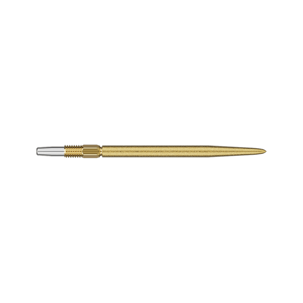 Target Swiss Point SLK dart tips - gold Auf dem Bild ist eine goldene Dartspitze zu sehen. Sie ist schlank und hat ein silbernes Ende zur Befestigung.