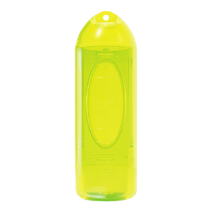 L-L-Styleipstock Tip Case Das Bild zeigt ein durchsichtiges, neon-gelbes Etui in zylindrischer Form. Es hat ein kleines Loch an der Oberseite zum Aufhängen oder Befestigen.