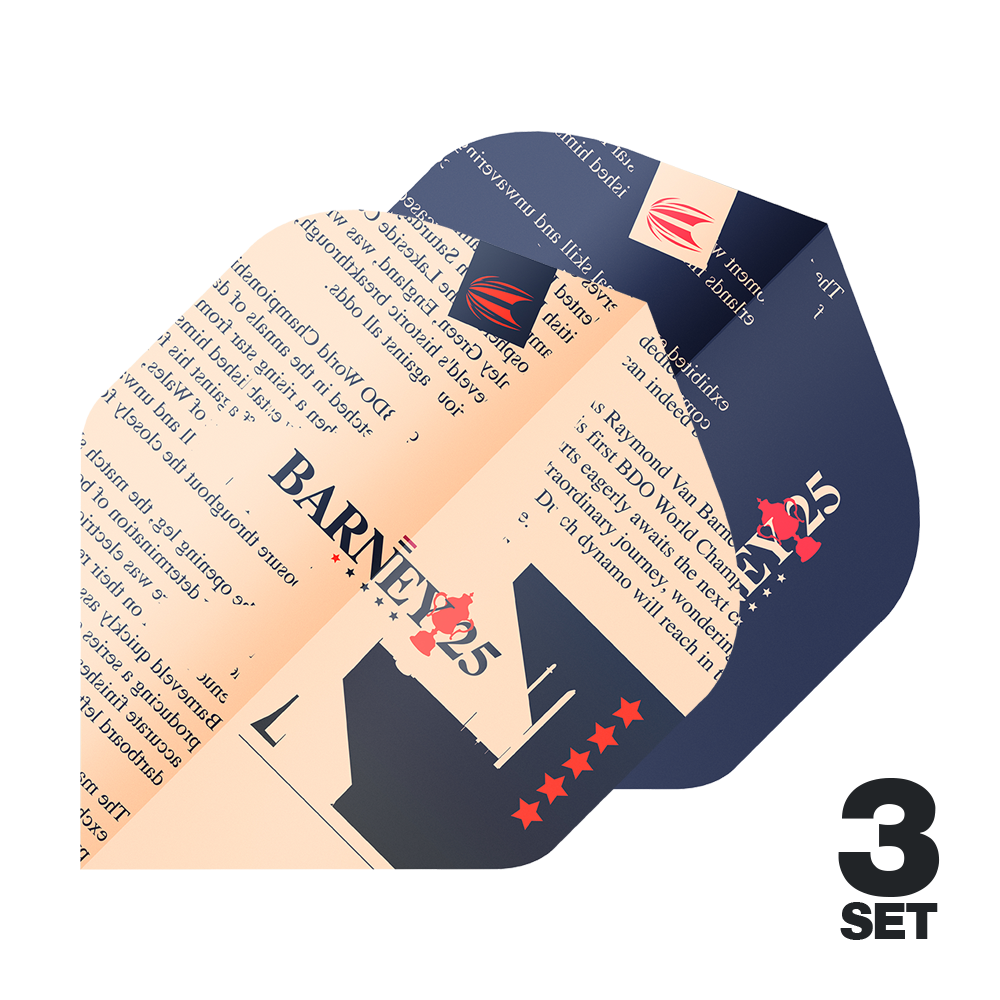 Target ProUltra Raymond Van Barneveld Barney25 Standard Flights Das Bild zeigt die Target ProUltra Raymond Van Barneveld Barney25 Standard Flights in einem auffälligen Design. In der rechten unteren Ecke steht "3 SET", was darauf hinweist, dass drei Sätze enthalten sind.