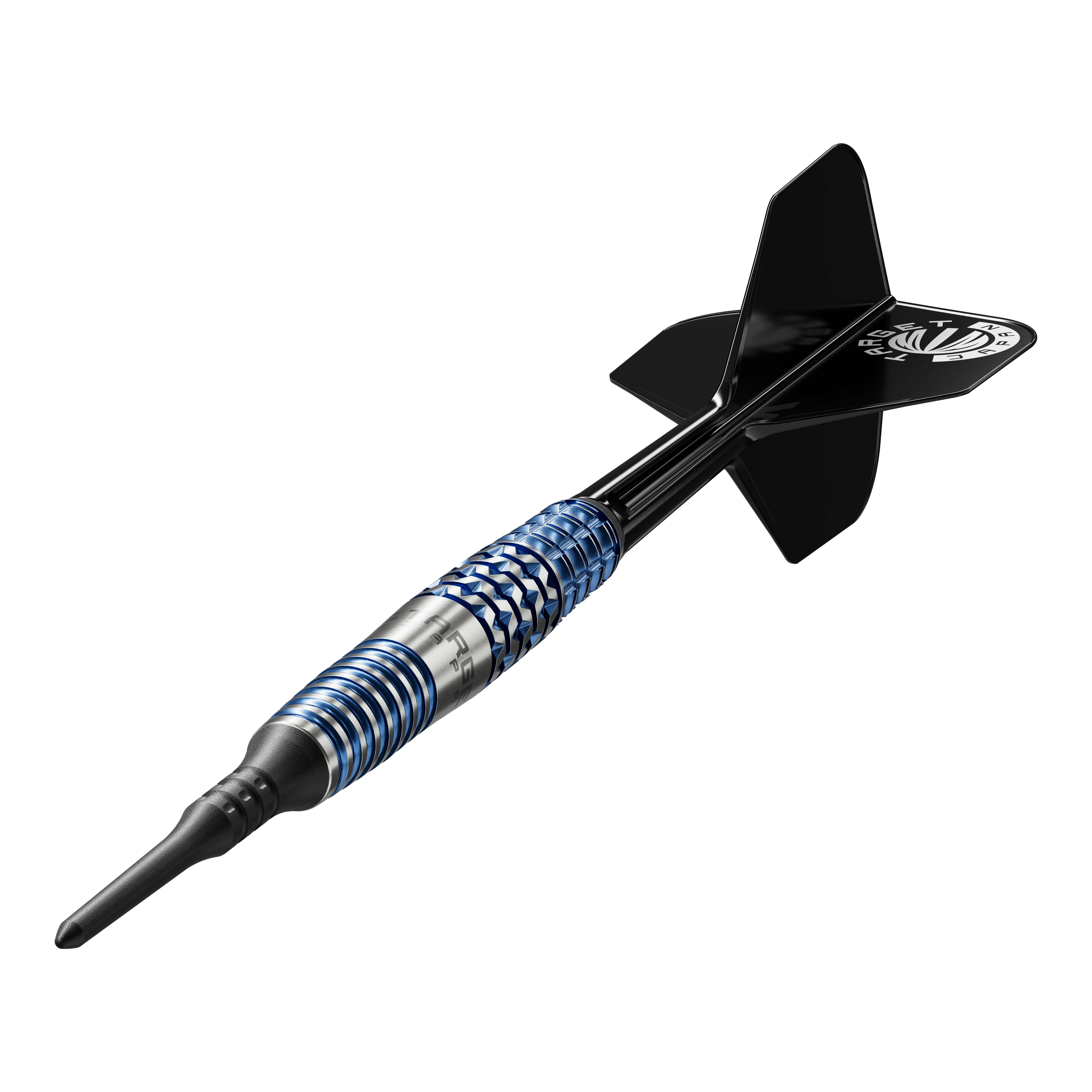 Dies ist ein Softdart mit einem schwarzen Flight und einem silber-blauen Barrel. Es handelt sich um das Modell "Target Japan Toru Suzuki Sereno GEN2 Softdarts - 20g".