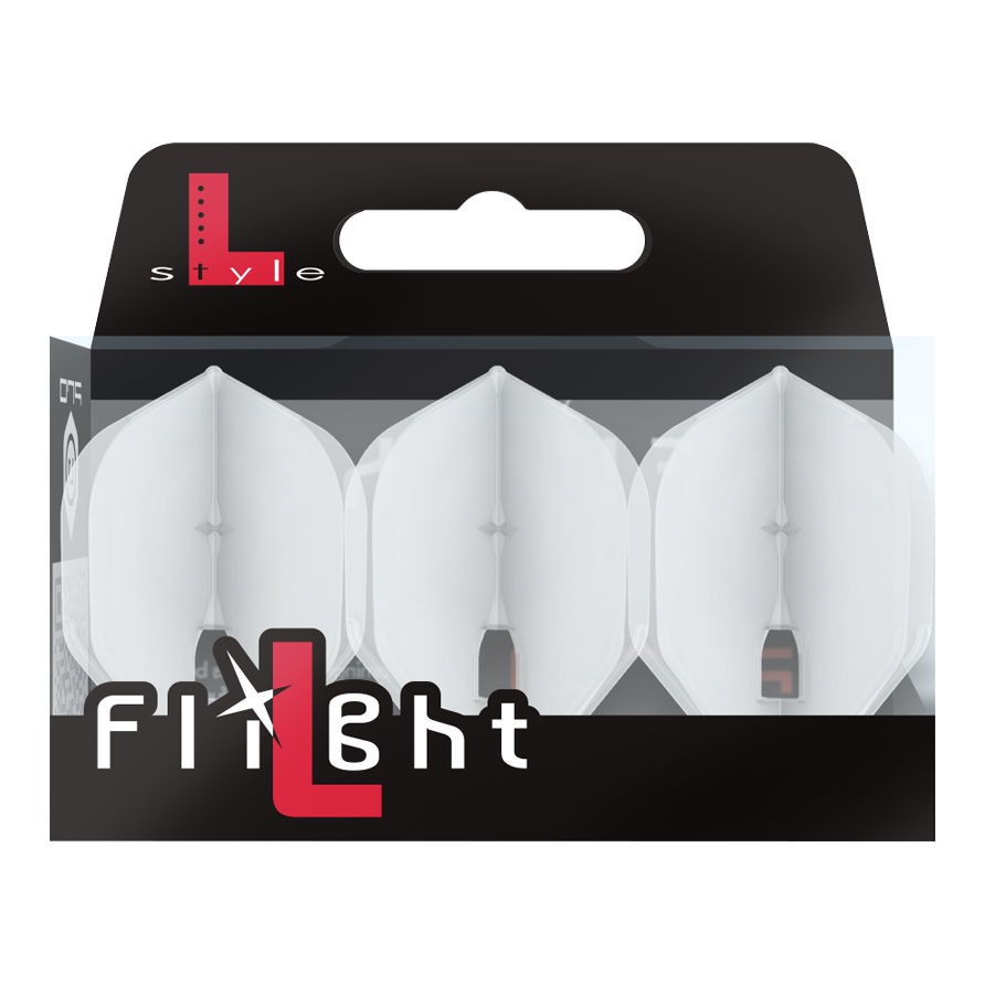 Die Verpackung enthält drei transparente Dart-Flights der Marke L-Style. Auf der Packung steht groß „Flight“ und oben links ist das L-Style-Logo zu sehen.