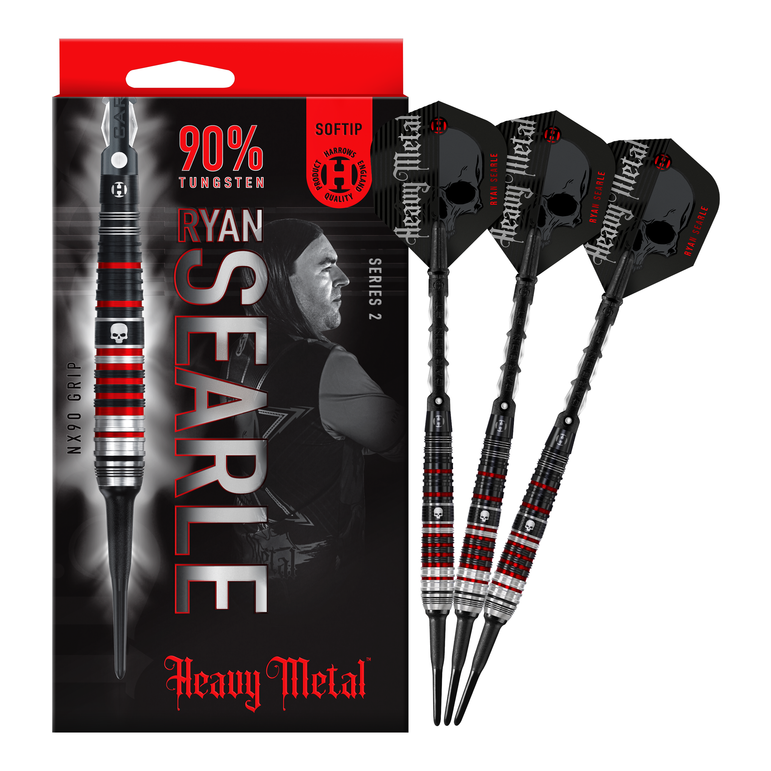 Harrow's Ryan Searle Heavy Metal Series 2 soft darts Das Bild zeigt die "Harrows Ryan Searle Heavy Metal Series 2 Softdarts" mit einer Verpackung und drei Darts. Die Darts bestehen zu 90 % aus Wolfram und haben ein schwarzes und rotes Design mit Totenkopf-Motiv.