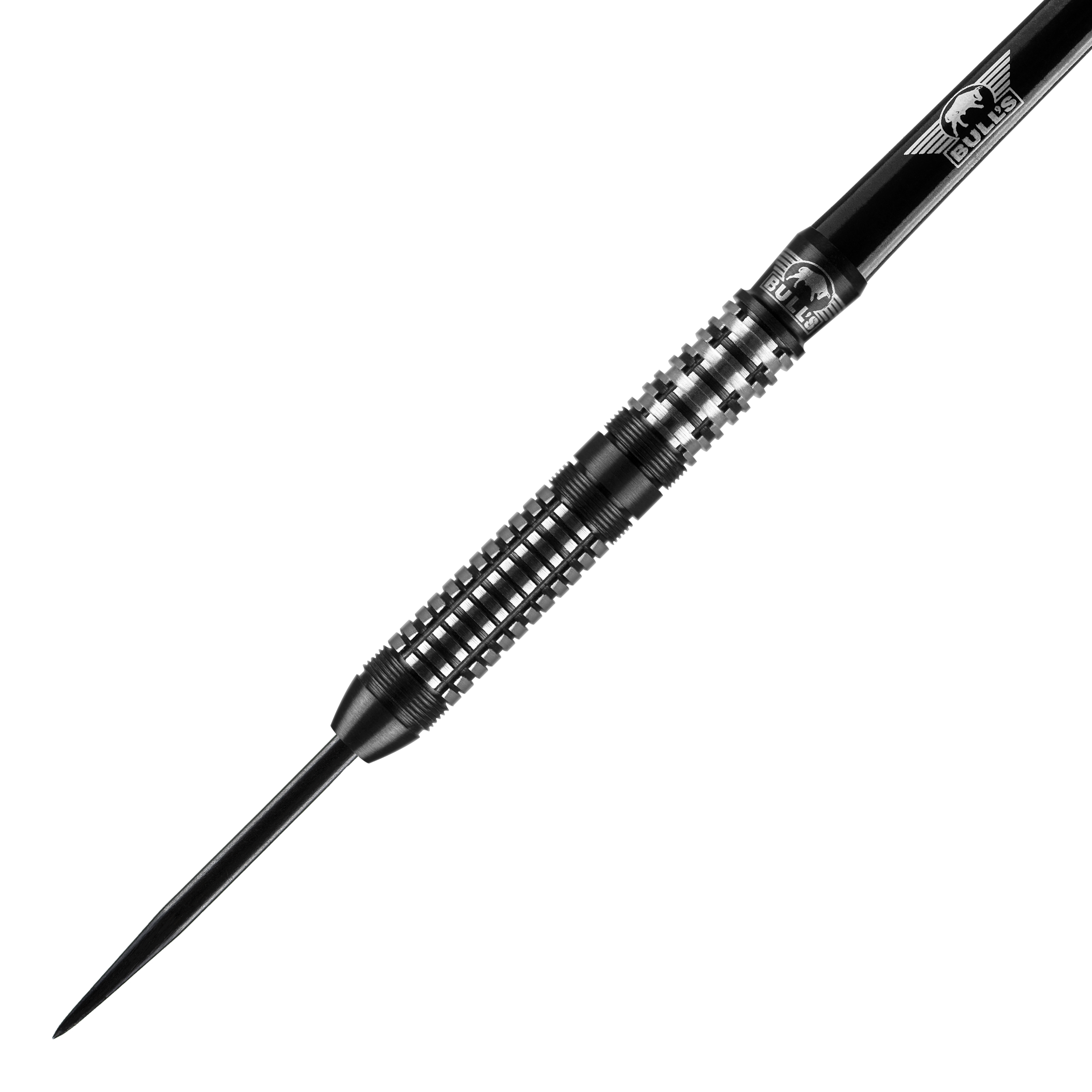 Bulls NL Luna Neoma steel darts Das Bild zeigt einen Bulls NL Luna Neoma Steeldart. Der Dartpfeil ist schwarz-silbern und hat ein feines, geriffeltes Griffdesign.
