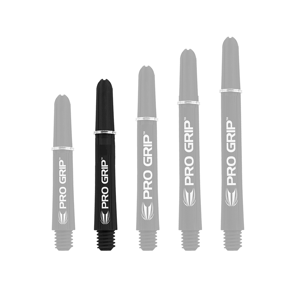 Das Bild zeigt fünf schwarze Target Pro Grip Shafts in unterschiedlichen Längen. Auf jedem Shaft steht in weißer Schrift "PRO GRIP".