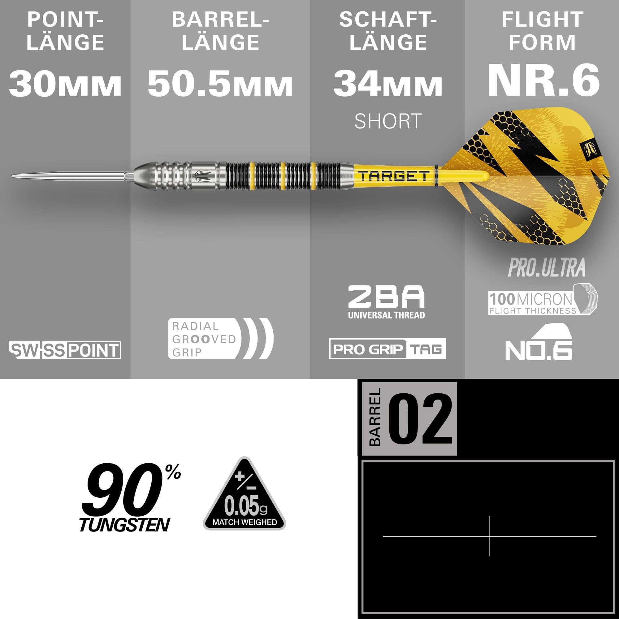 Target Buzz 02 Swiss Points steel darts Hier sieht man die Target Buzz 02 Swiss Points Steeldarts. Die Darts sind deutlich und im Detail abgebildet.