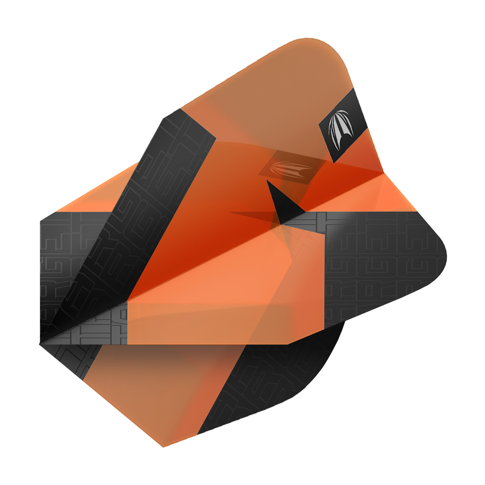 Das Bild zeigt ein orange-schwarzes Dart-Flight mit geometrischem Muster. Es handelt sich um das Produkt "Target Pro Ultra TAG Orange Ten-X Standard Flights - 3 Sets".