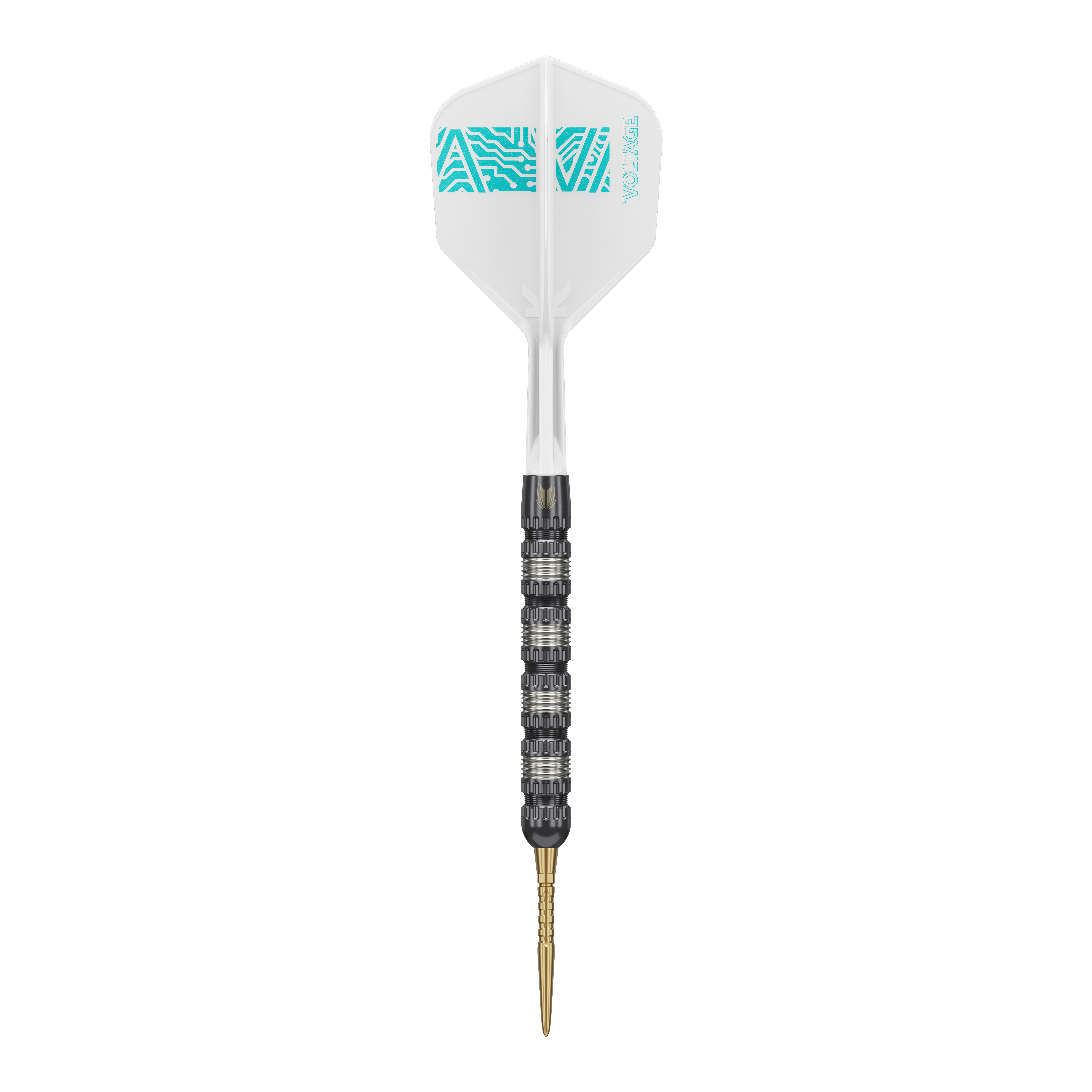 Target Rob Cross 95K Swiss Point Steel Darts Das Bild zeigt einen Target Rob Cross 95K Swiss Point Steeldart. Der Dart hat eine weiße Flügel mit blauen Mustern und einen schwarzen, strukturierten Schaft mit einer goldenen Spitze.