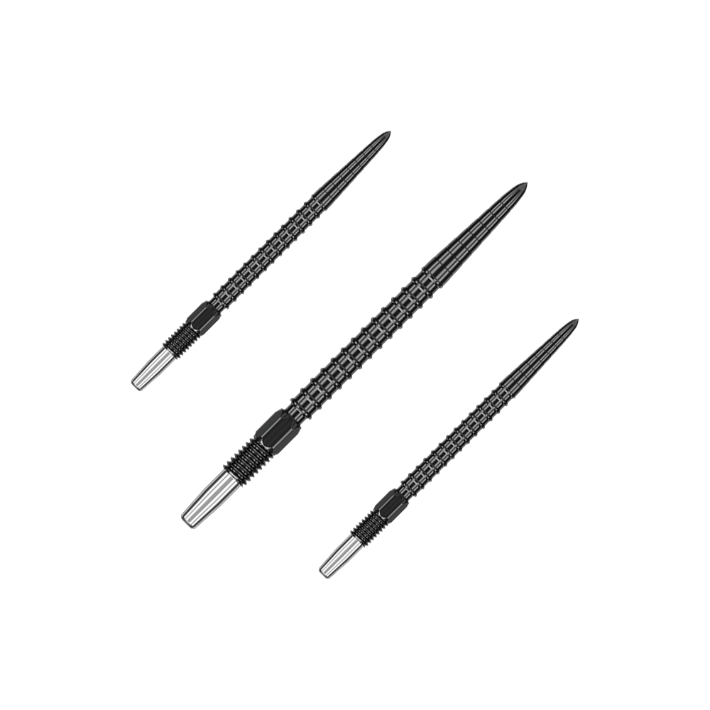 Target Swiss Point Chrono Dart Tips - Black Das Bild zeigt drei schwarze Dartspitzen mit einem strukturierten Muster. Sie sind spitz zulaufend und haben ein silbernes Endstück.