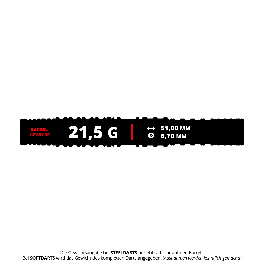 Das Bild zeigt die Spezifikationen des Produkts "Target Japan Prime Series Sirius GEN4 Softdarts - 21,5g". Es wiegt 21,5 Gramm, ist 51,00 mm lang und hat einen Durchmesser von 6,70 mm.