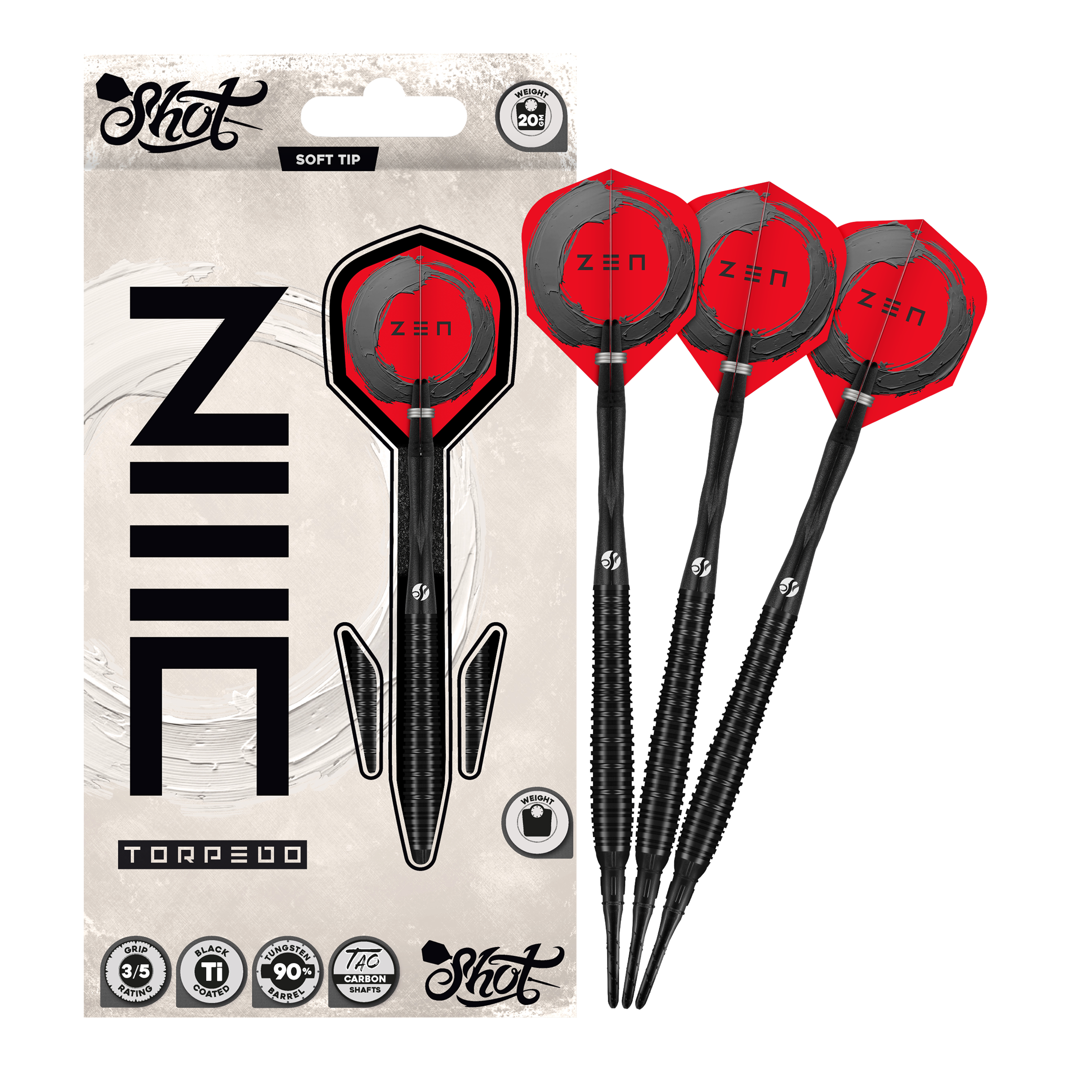 Shot ZEN Torpedo Soft Darts - 20g Abgebildet sind die Shot ZEN Torpedo Softdarts - 20g in voller Länge. Der Dart ist für Präzision Wurftechnik bekannt.