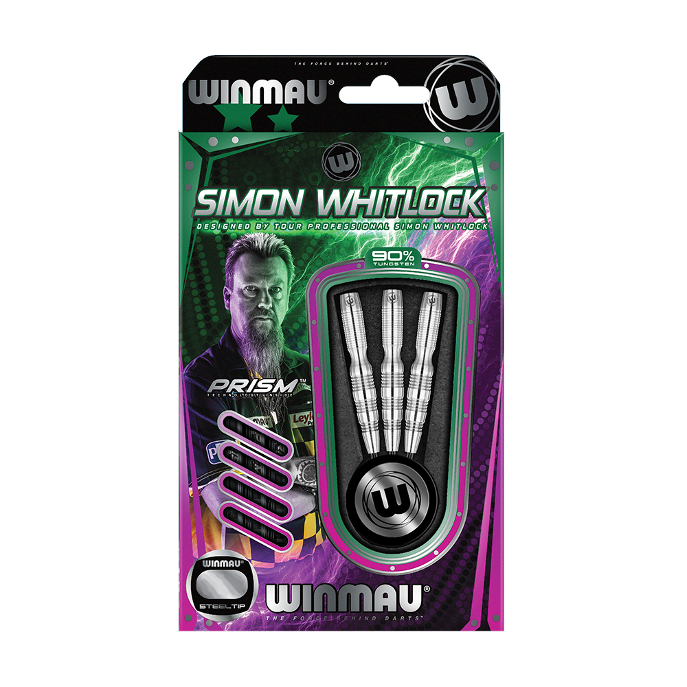 1042_Winmau_Simon_Whitlock_90_Tungsten_2018_Steeldarts_3EO71UGQCbAW0j Auf dem Bild ist eine Packung mit "Winmau Simon Whitlock 90% Tungsten Steeldarts" zu sehen. Die Verpackung zeigt drei silberne Steeldarts und ein Bild von Simon Whitlock.