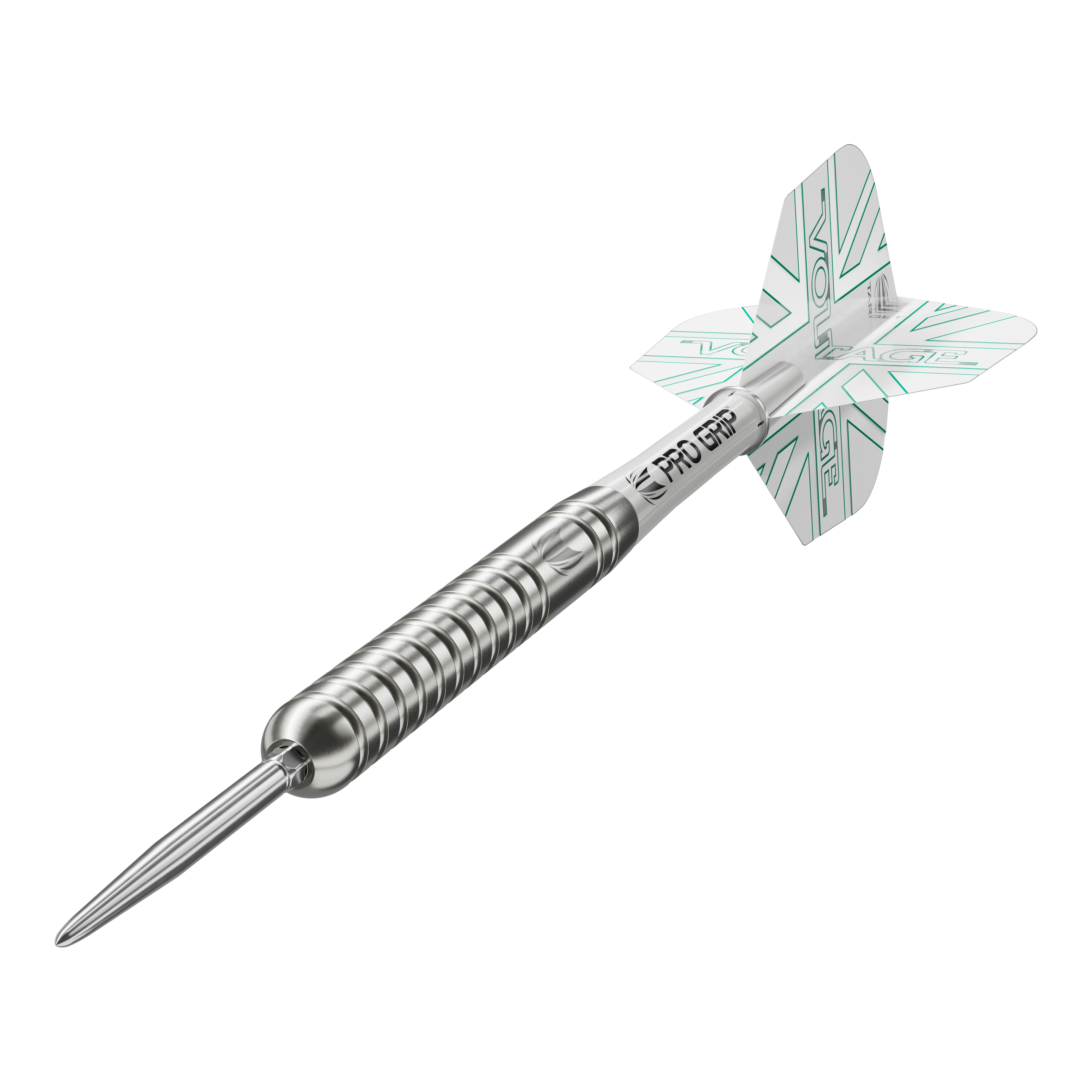 Das Bild zeigt einen Target Rob Cross Voltage Swiss Point Steeldart. Der Dartpfeil ist silbern und hat weiße Flights mit grünen Akzenten.