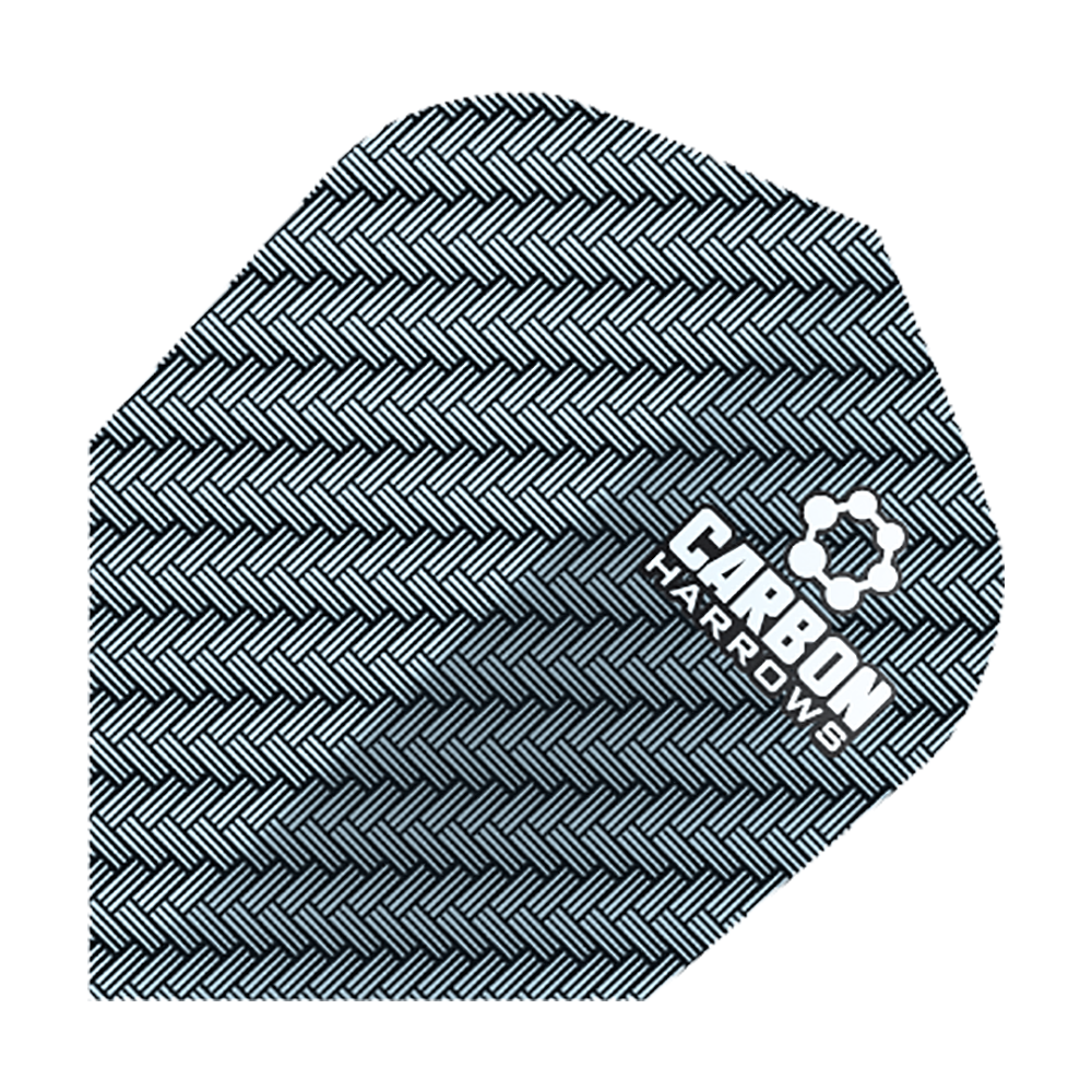 HR52_Harows_Carbon_No6_Flights_Blau_1 Das Bild zeigt das Produkt „Harrows Carbon Flights HR52“. Es ist in einem schwarzen Muster mit einem weißen Logo und Schriftzug gestaltet.