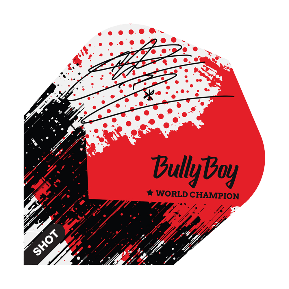 Shot Michael Smith Bully Boy Game Day No6 Flights Das Bild zeigt ein Dart-Flight mit einem modernen, rot-schwarzen Design und einem Autogramm. Auf dem Flight steht "Bully Boy" und "World Champion" sowie das Markenlogo "Shot".