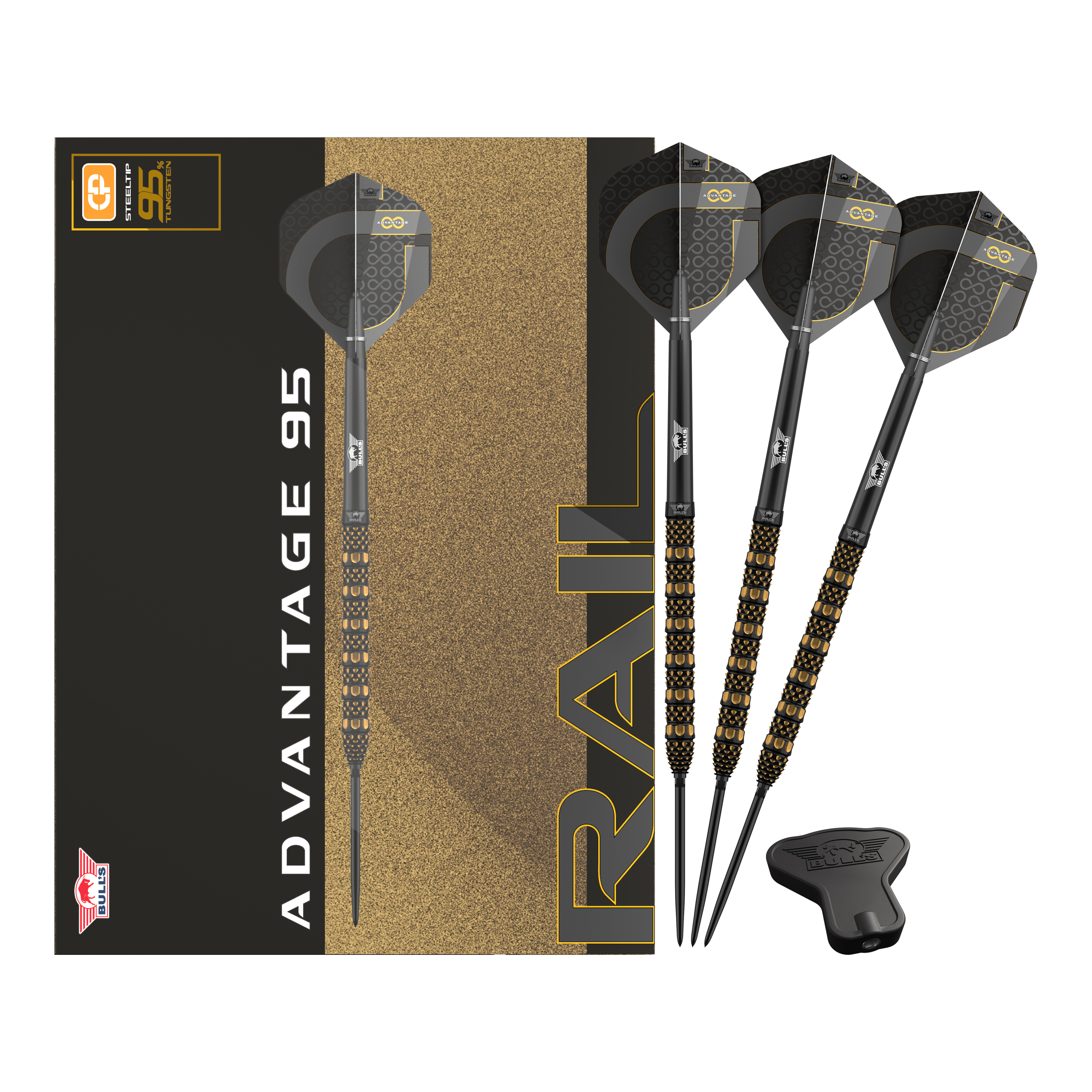 Zu sehen ist das Produkt Bulls NL Advantage 95 Rail Convertible Point Steeldarts. Verschiedene Ansichten sind dargestellt.