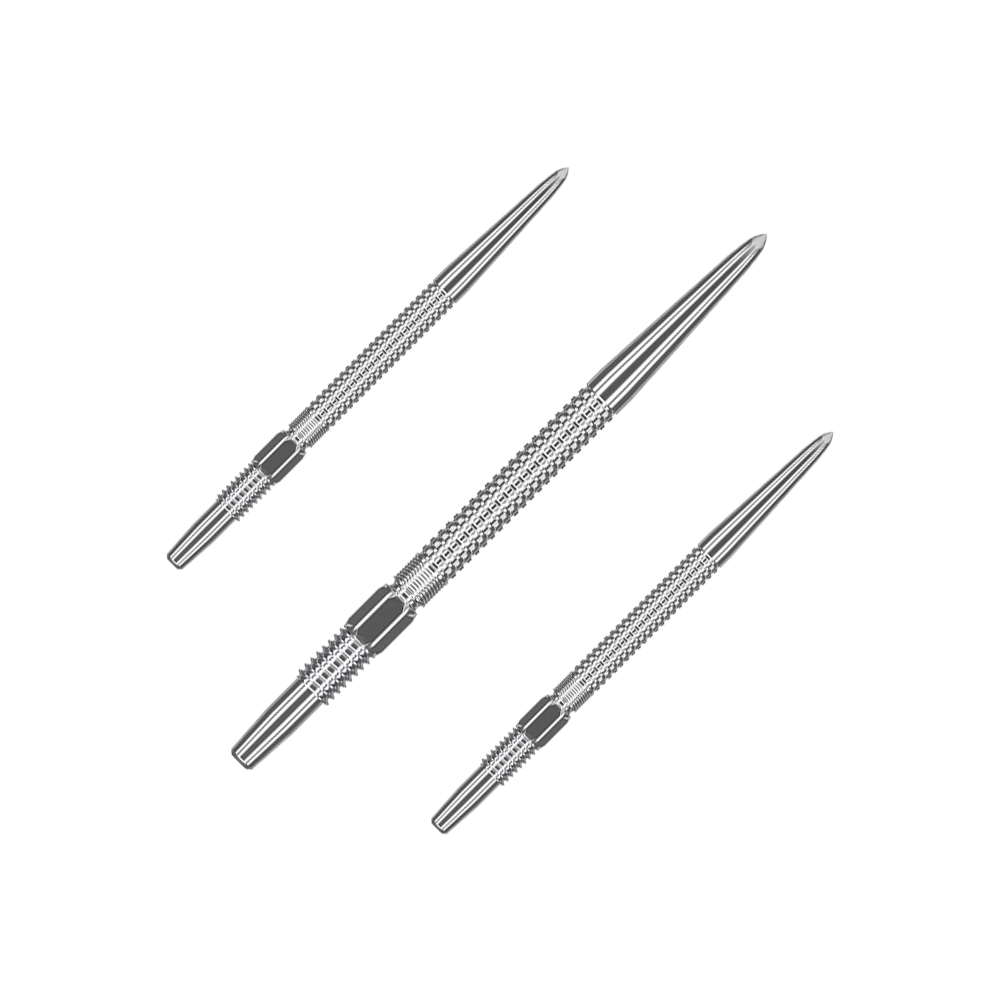 Target Swiss Point GRD Silver dart tips Das Bild zeigt drei silberne Dartspitzen des Produkts "Target Swiss Point GRD Silver Dartspitzen". Sie sind schlank, aus Metall gefertigt und haben eine strukturierte Oberfläche für besseren Halt.