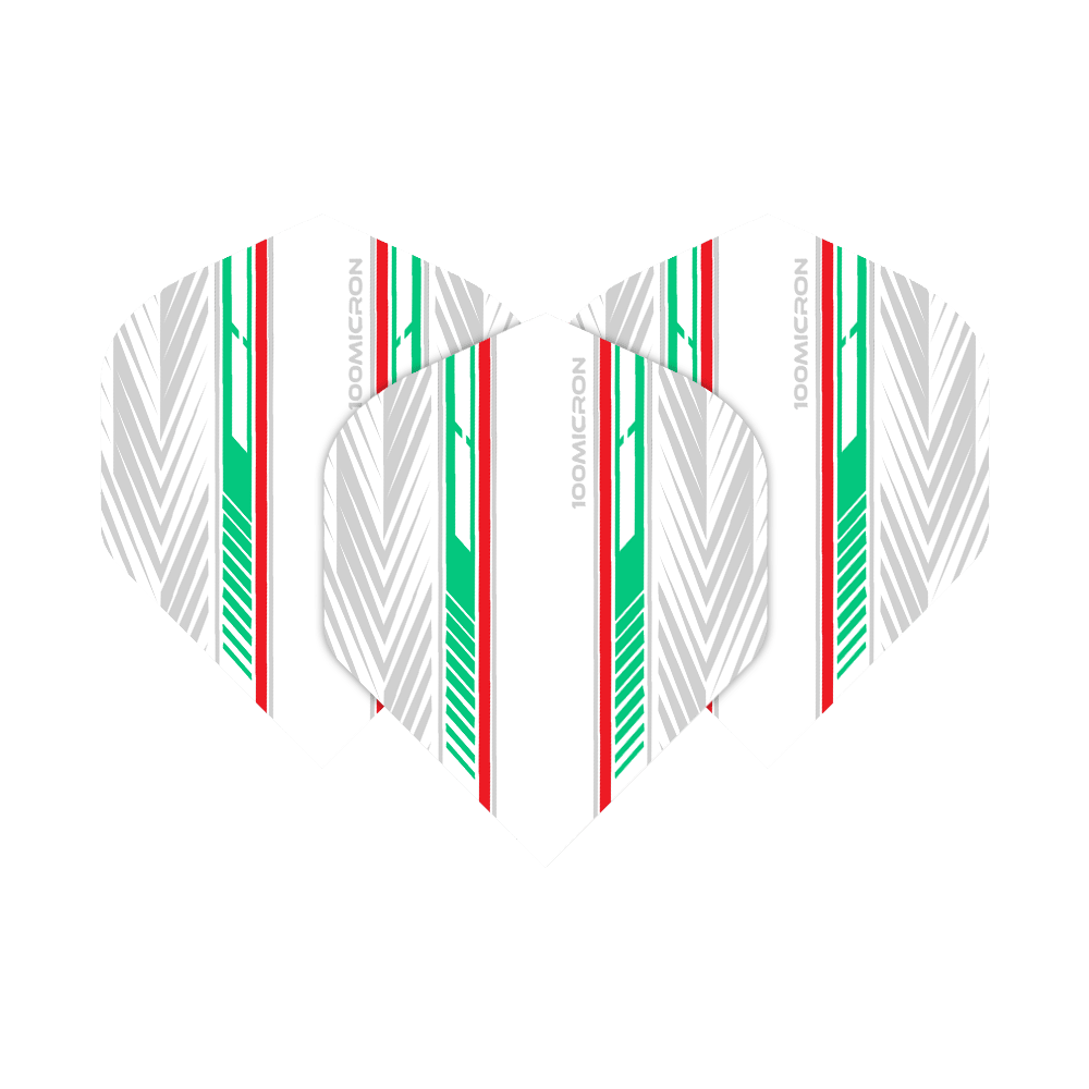 Pentathlon Flights white/green/red Das Bild zeigt ein Set Pentathlon Flights weiß/ farbig/ rot. Die Flights liegen gestapelt nebeneinander.