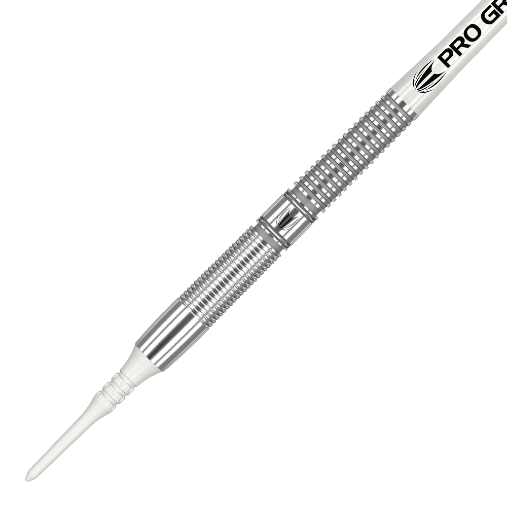 210048_Target_Gabriel_Clemens_2020_Softdarts_2 Das Bild zeigt einen silbernen Softdart aus der Serie "Target Gabriel Clemens Generation One". Der Dart hat einen weißen Soft-Tip und einen geriffelten, metallischen Griffbereich.