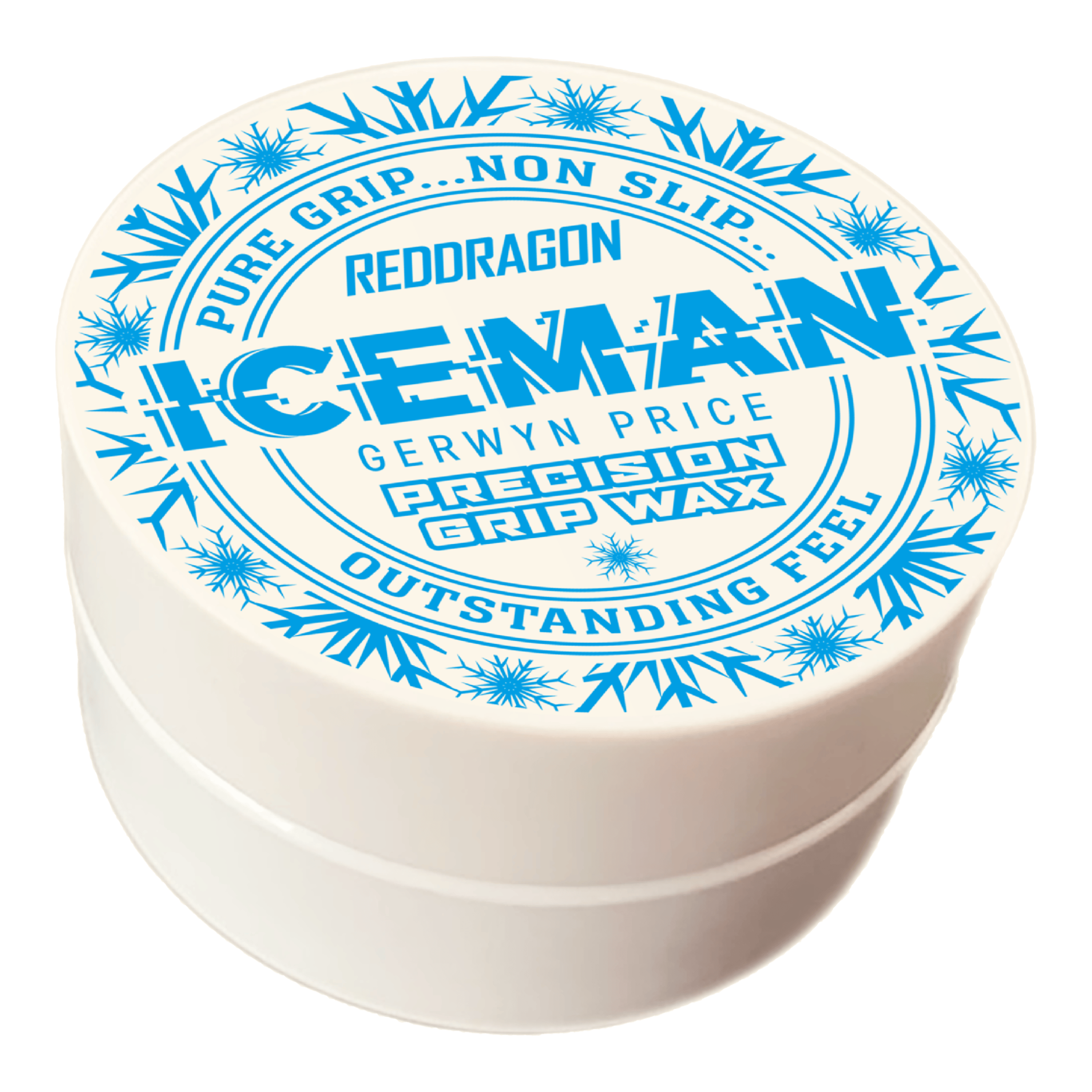 Red Dragon Gerwyn Price Iceman Precision Grip Wax finger wax Das Bild zeigt eine weiße Dose mit der Aufschrift „Red Dragon Gerwyn Price Iceman Precision Grip Wax“. Auf dem Deckel sind blaue Schneeflocken und Werbeslogans wie „Pure Grip… Non Slip… Outstanding Feel“ abgebildet.